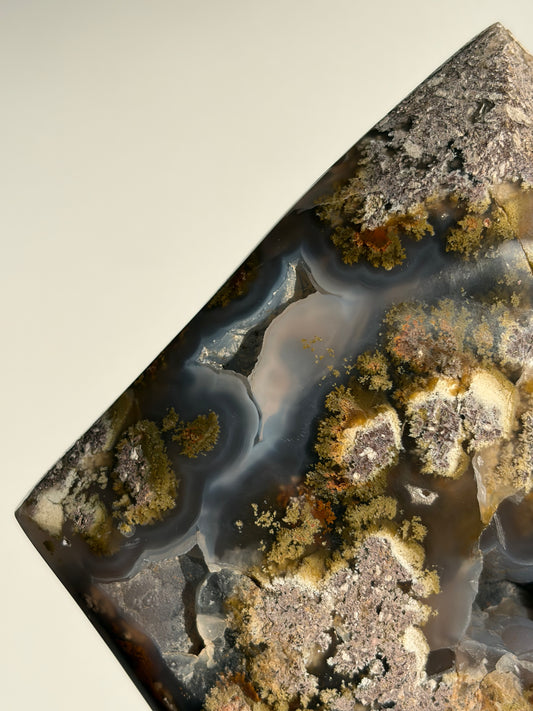 “Gateway Oasis” Blue Chalcedony Nebula Agate Faceted Standing Diamond Statement