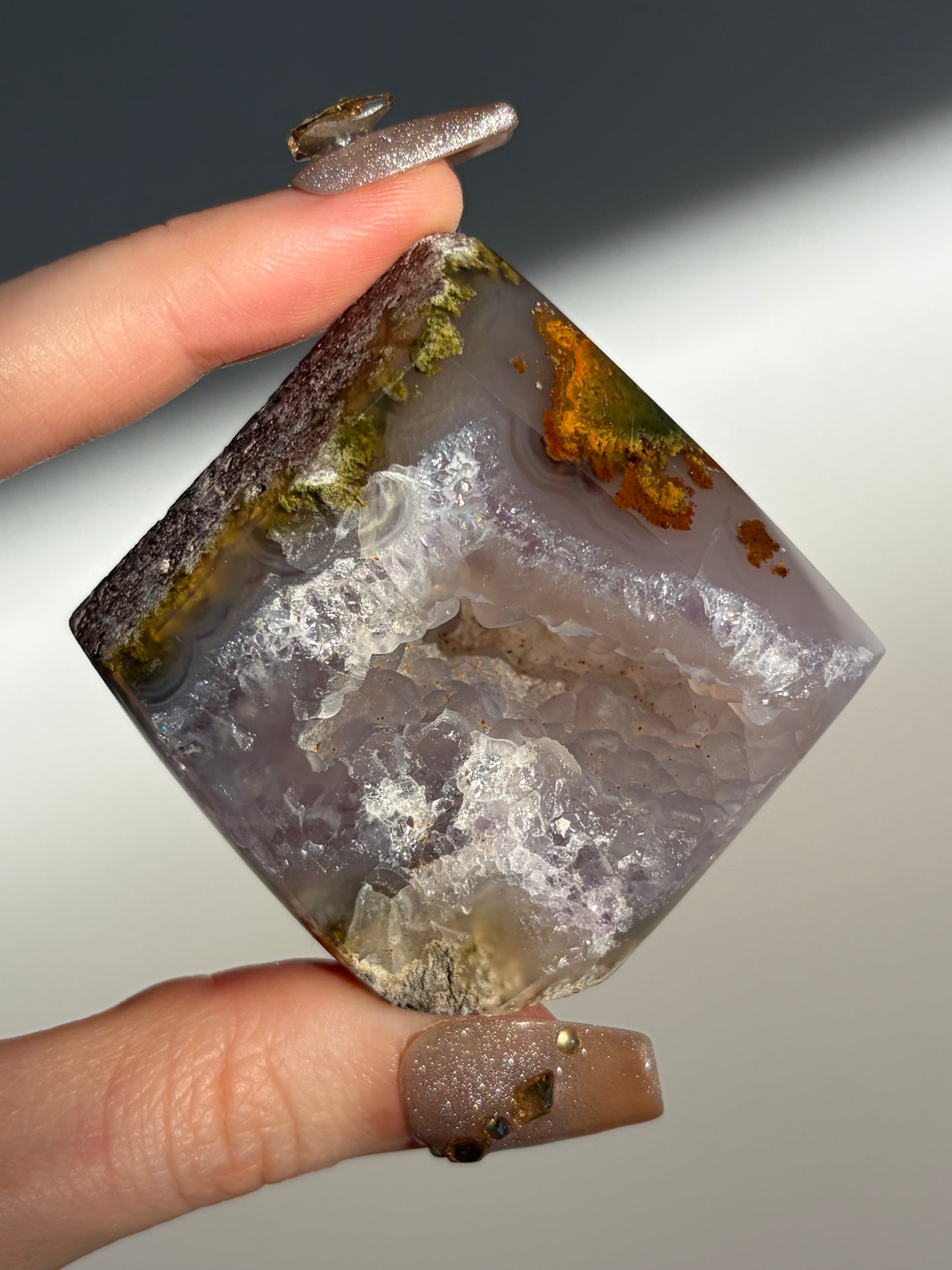 Purple Chalcedony Nebula Agate Faceted Standing Diamond Carving B