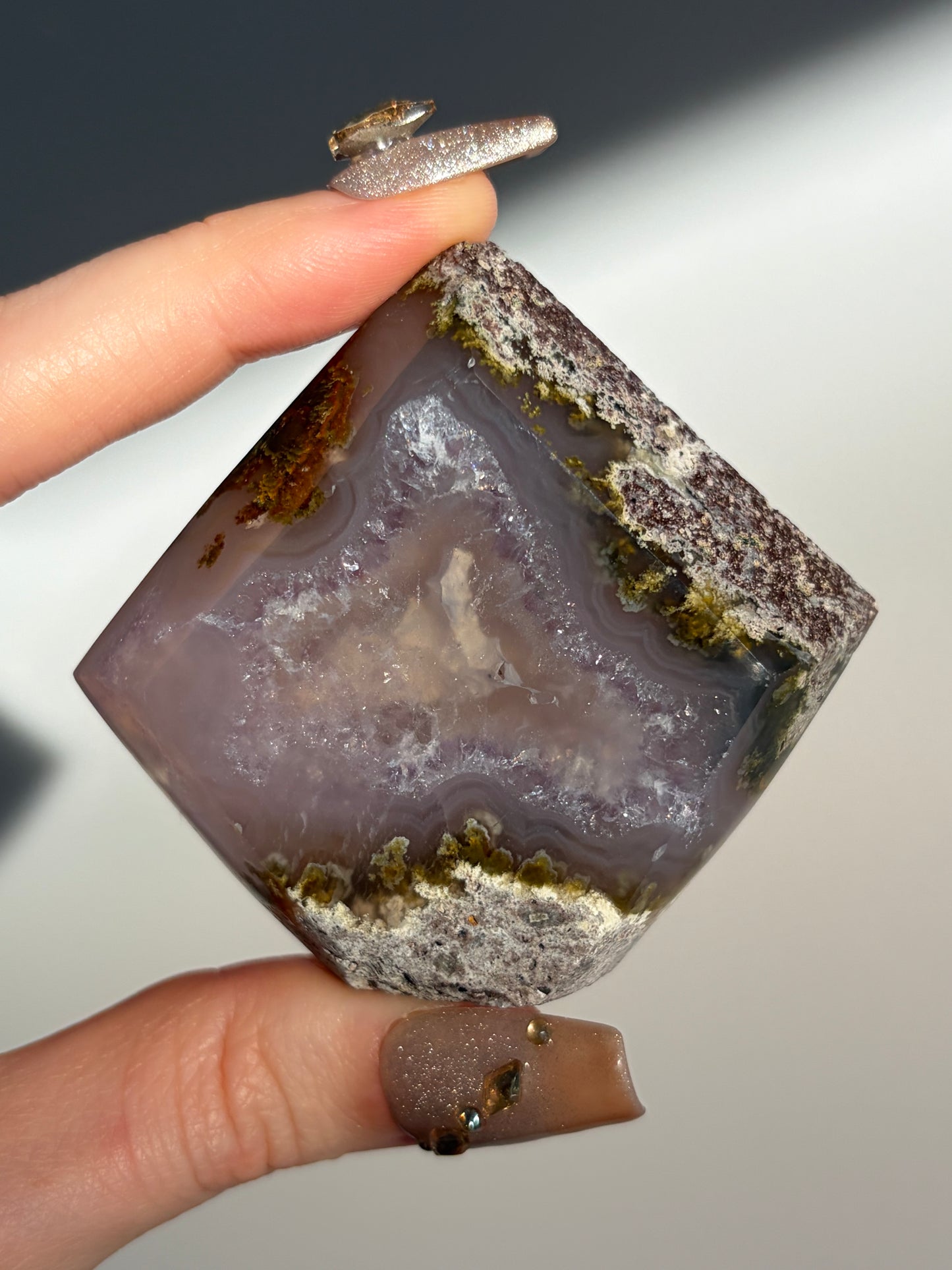 Purple Chalcedony Nebula Agate Faceted Standing Diamond Carving B