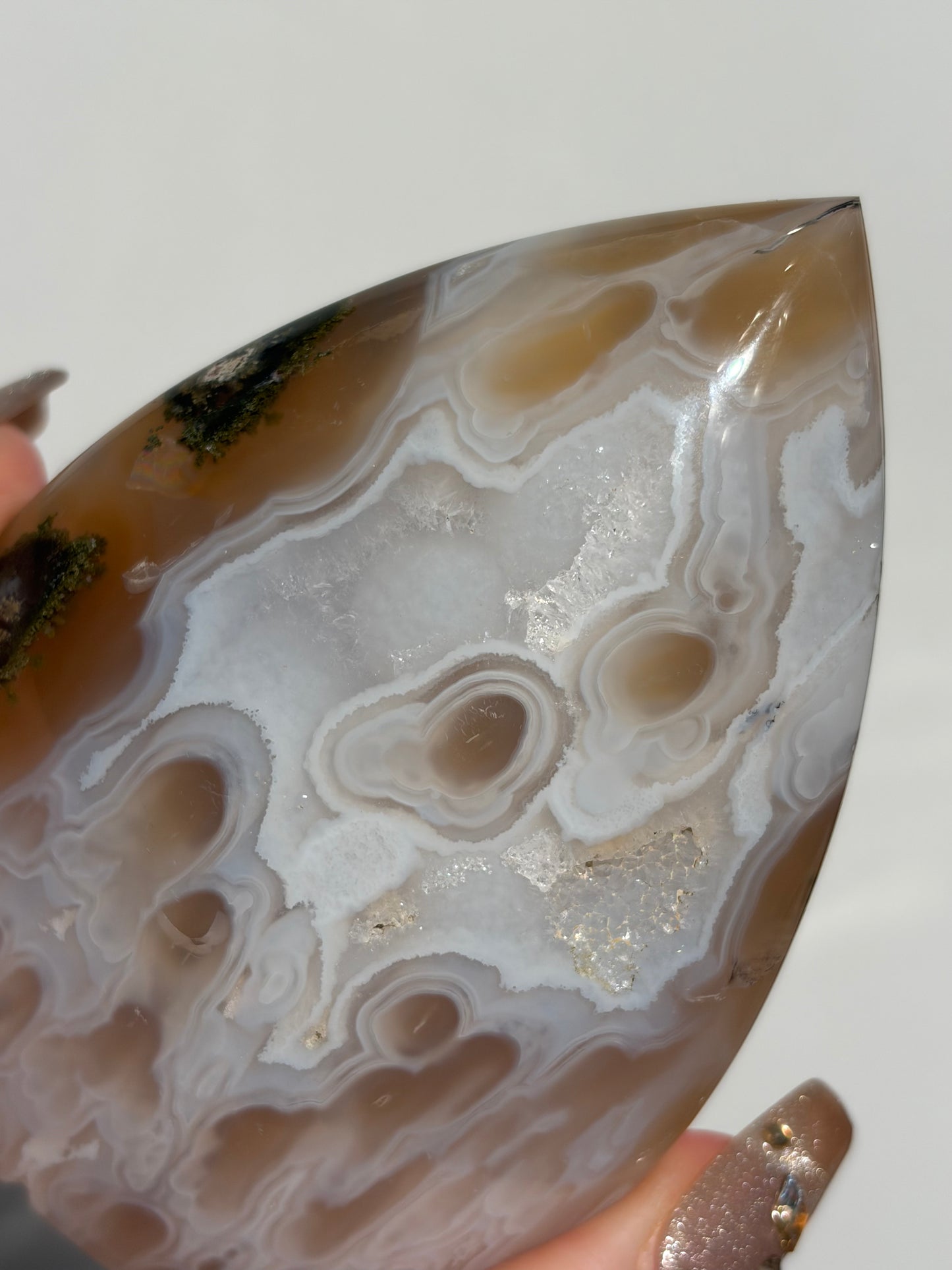 “Cyan Blooms” Jelly Orbicular Nebula Agate Flame Carving with Green Moss A