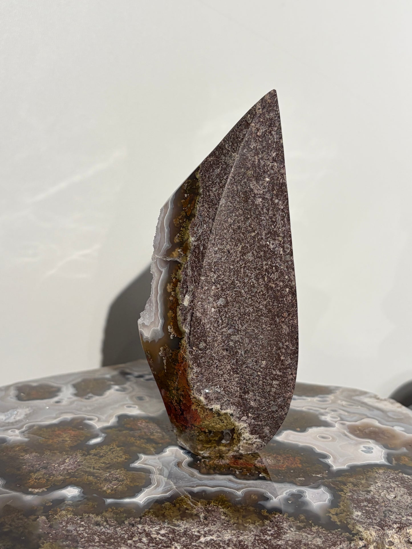 “The Obi Monolith” Druzy Nebula Agate with Red Moss Geometric Flame Statement