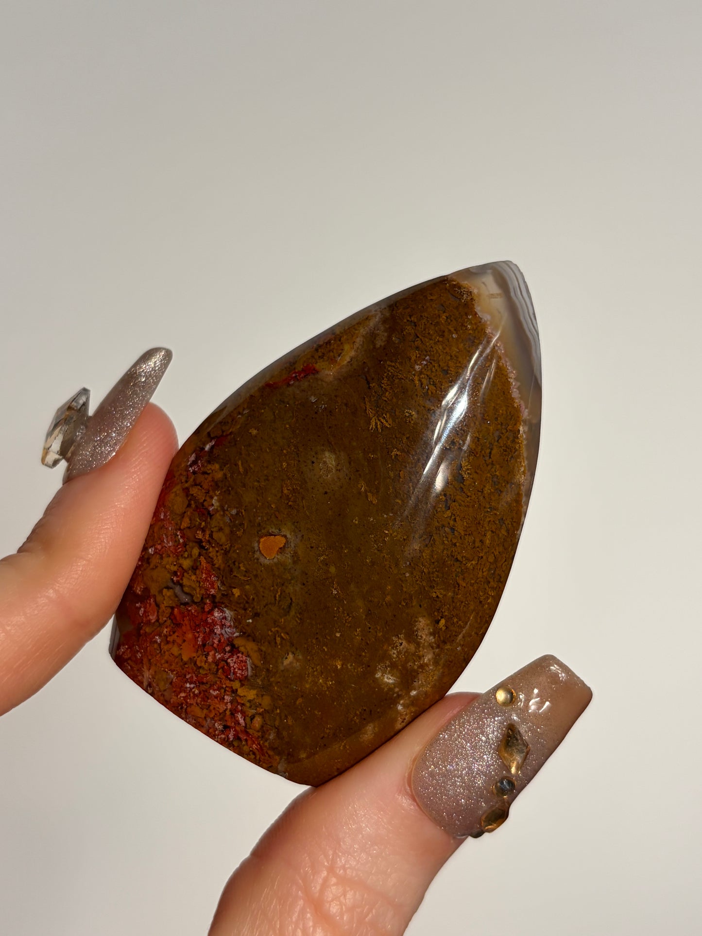 Nebula Agate Flame Carving with Red Moss Inclusions C