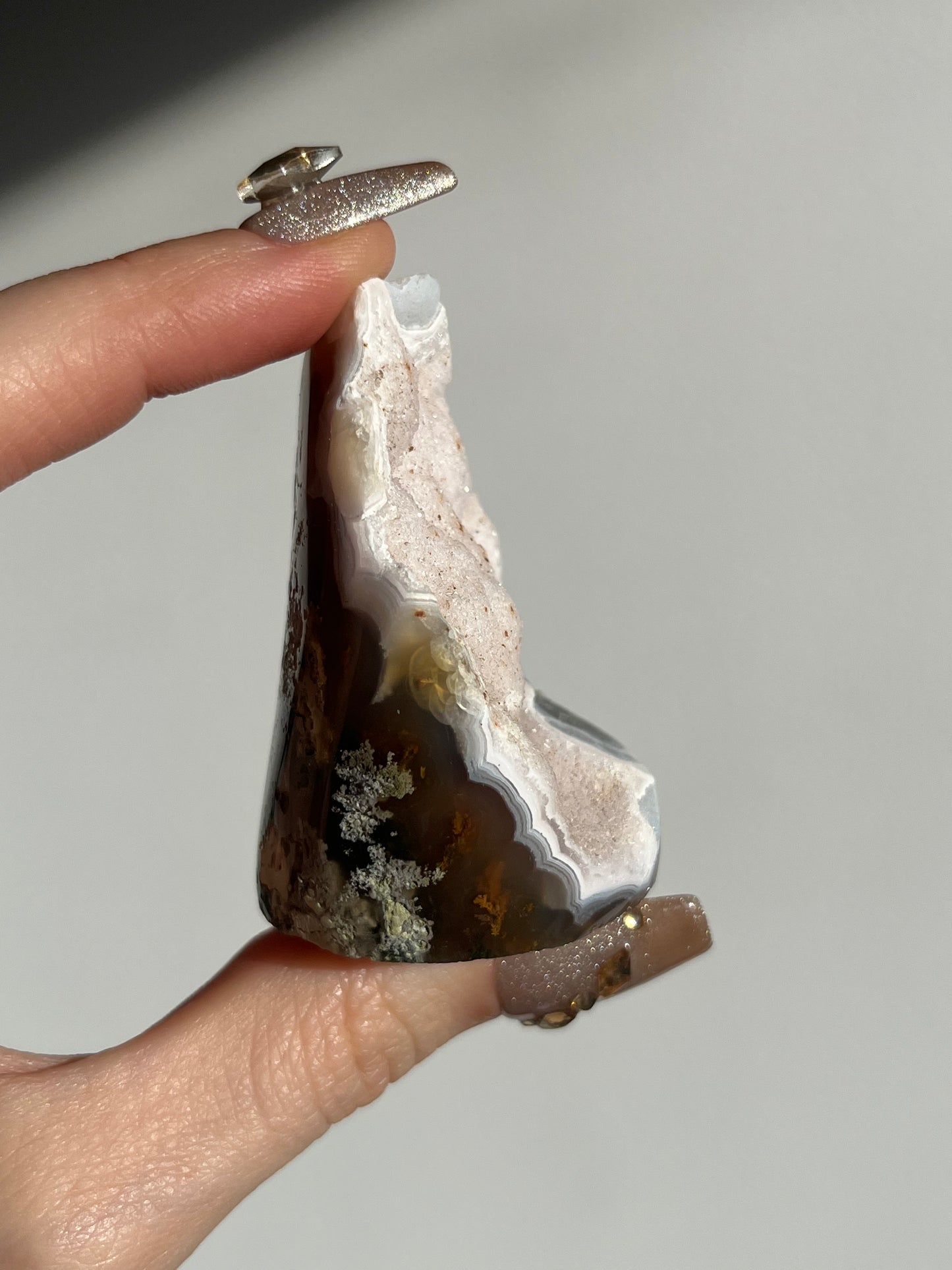 Druzy Nebula Agate Standing Freeform with Multicoloured Moss Inclusions F