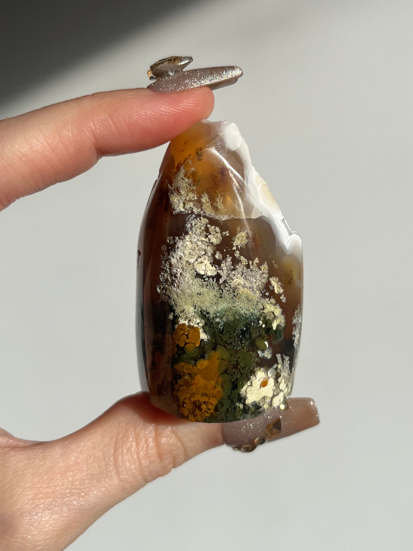 Druzy Nebula Agate Standing Freeform with Multicoloured Moss Inclusions F