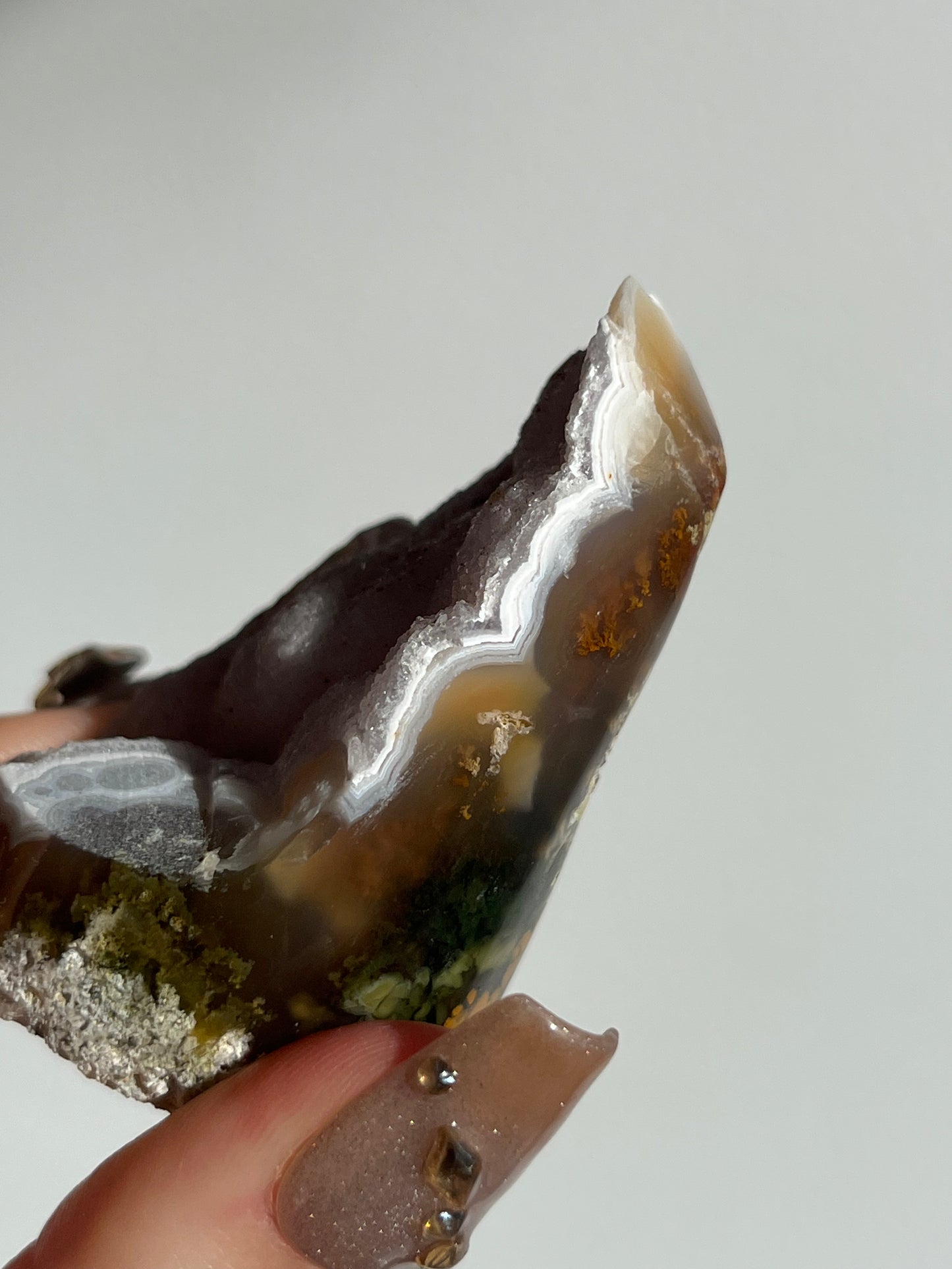 Druzy Nebula Agate Standing Freeform with Multicoloured Moss Inclusions F