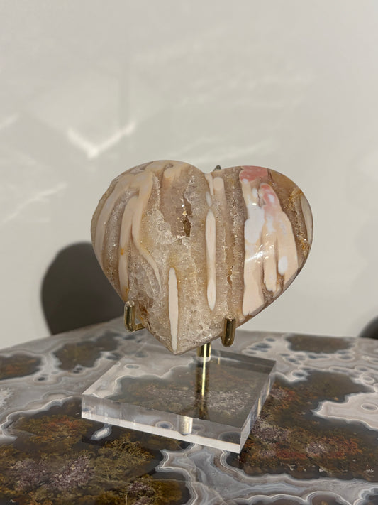 “Blush Worlds” Pink Orbicular Nebula Agate with Golden Healer Heart Carving