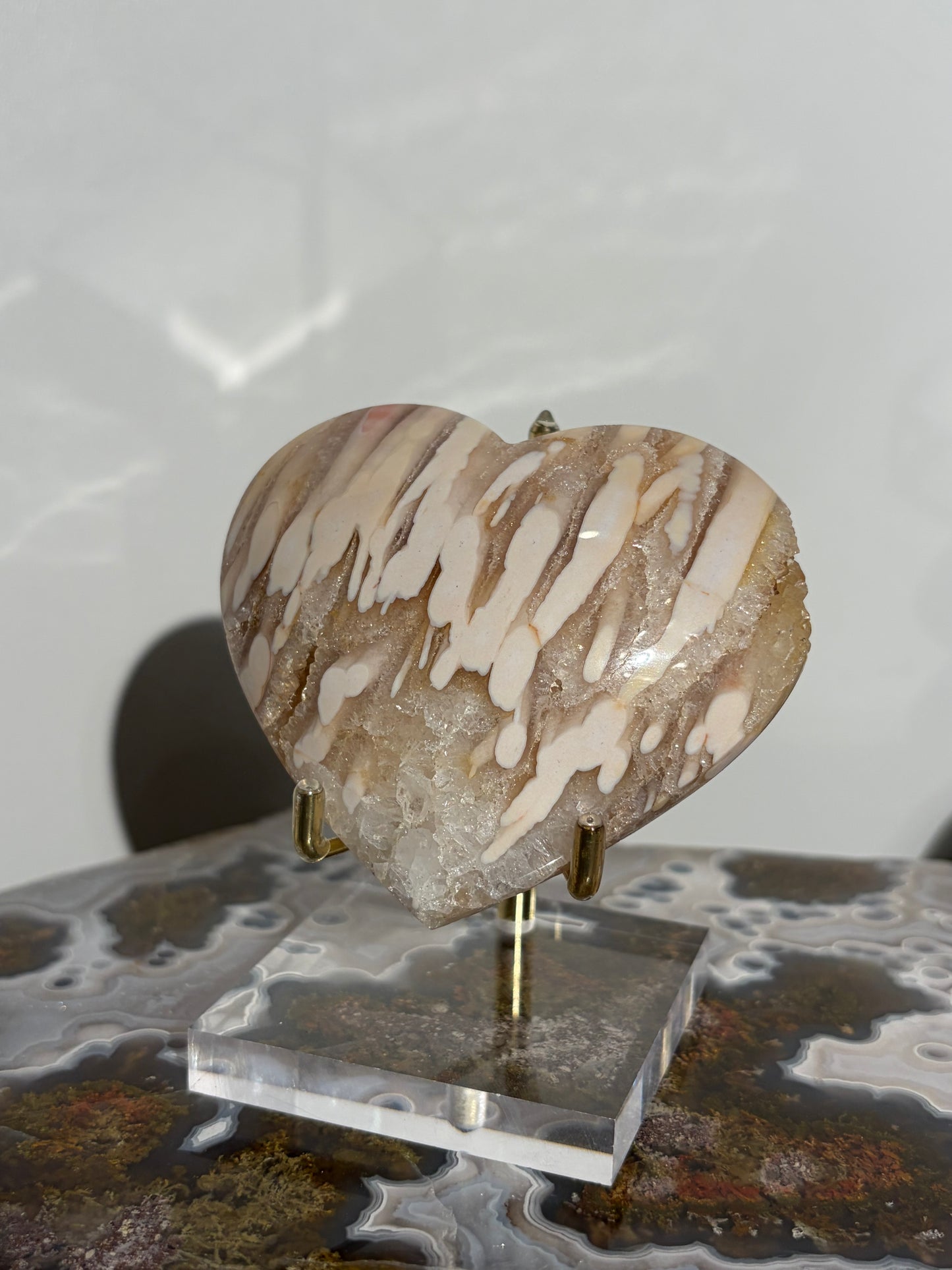 “Blush Worlds” Pink Orbicular Nebula Agate with Golden Healer Heart Carving