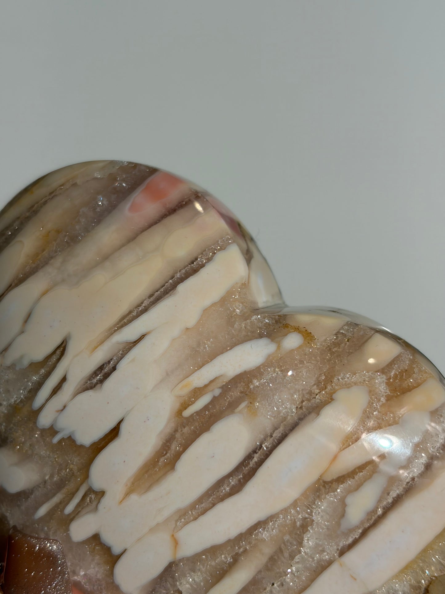 “Blush Worlds” Pink Orbicular Nebula Agate with Golden Healer Heart Carving