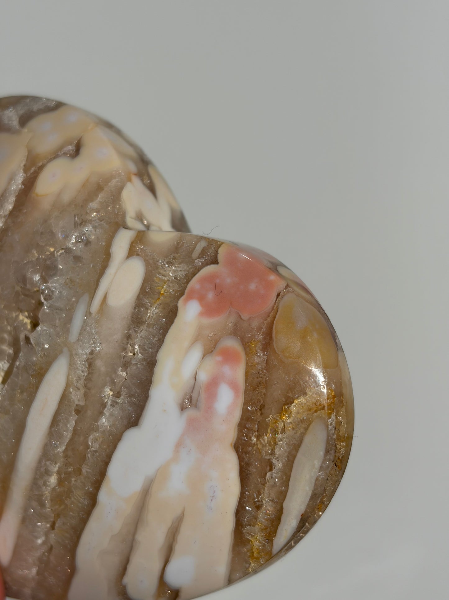 “Blush Worlds” Pink Orbicular Nebula Agate with Golden Healer Heart Carving
