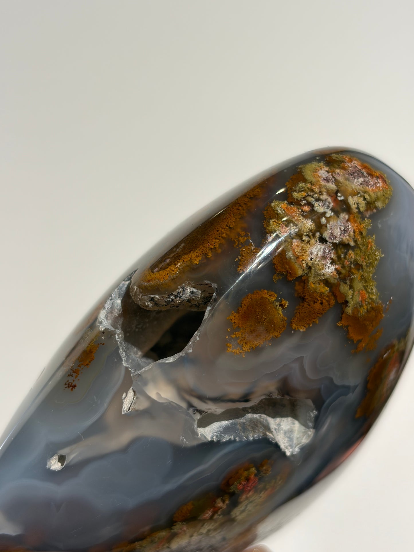 “Gardens by the Sea” Blue Chalcedony Nebula Agate Statement Heart Carving with Dendritic Inclusions A