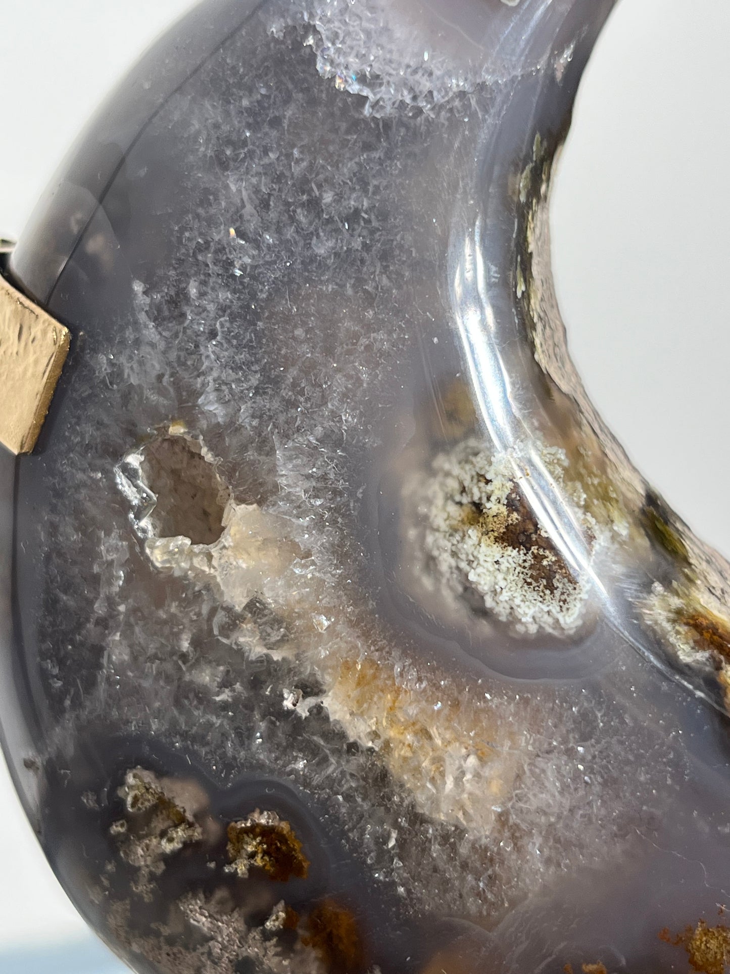 "Glacial Waters" Nebula Agate Moon Carving with Quartz on Stand