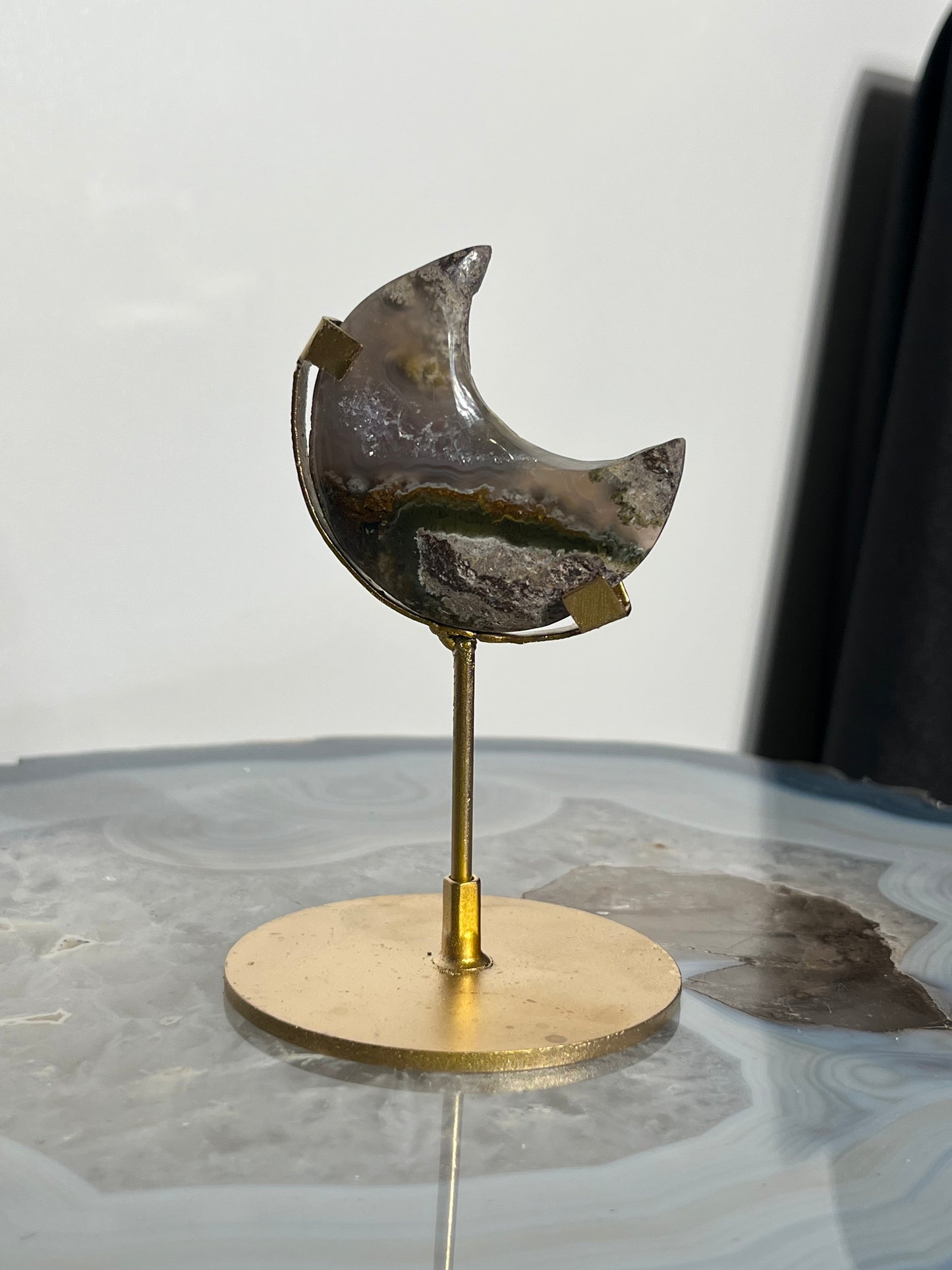 "Early Earth" Nebula Agate Miniature Moon Carving on Stand