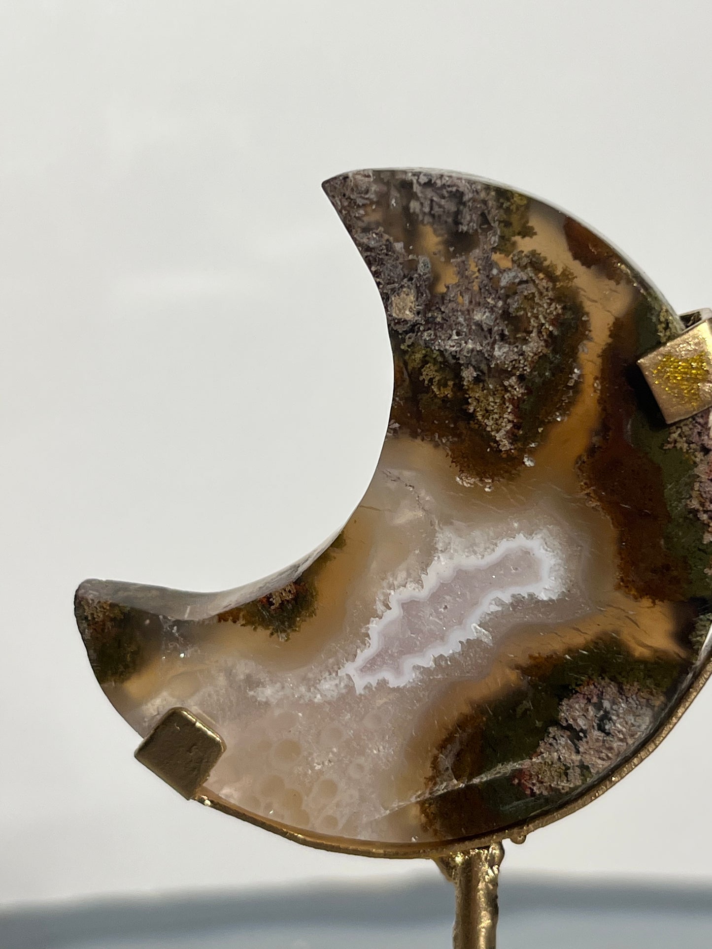 "Celestial Rift" Jelly Orbicular Nebula Agate with Amethyst Miniature Moon Carving on Stand