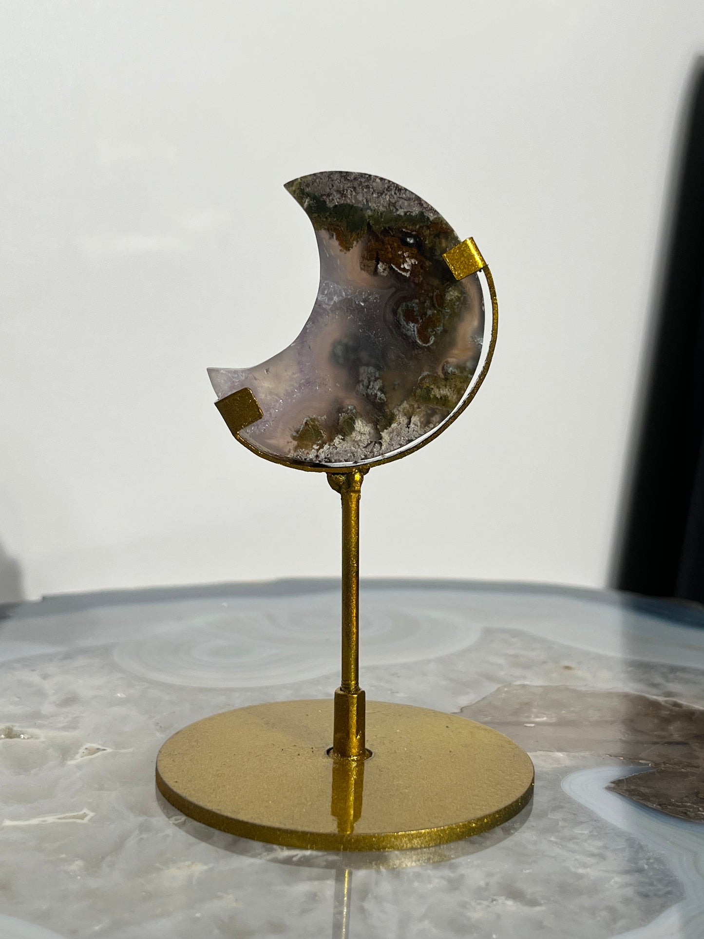 "Traverse" Nebula Agate with Amethyst Miniature Moon Carving on Stand