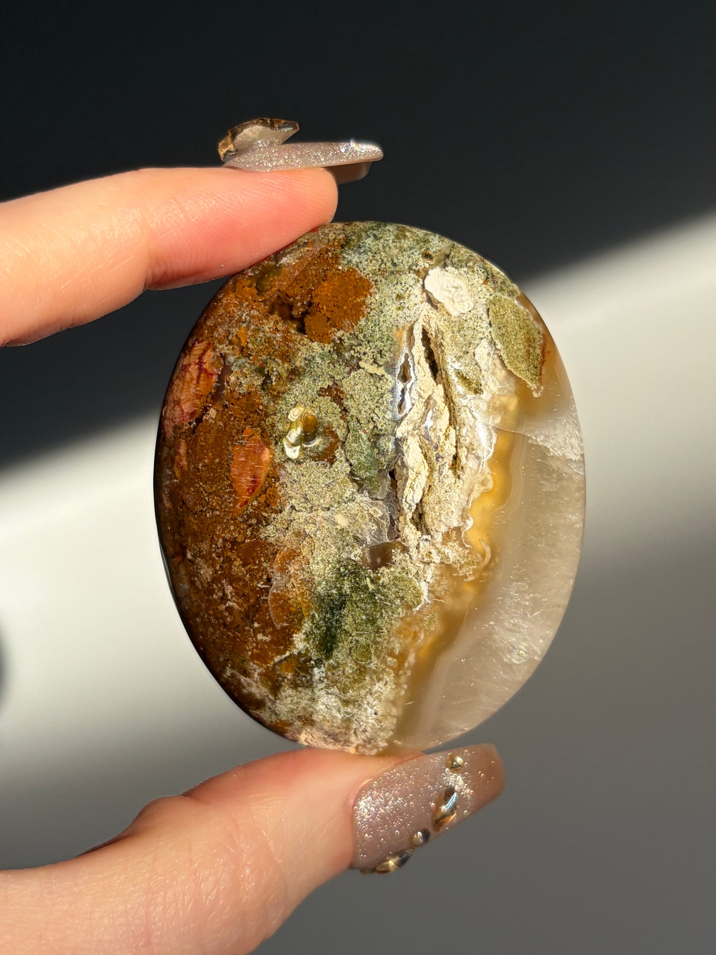 Nebula Agate Palmstone with Red Moss Inclusions L