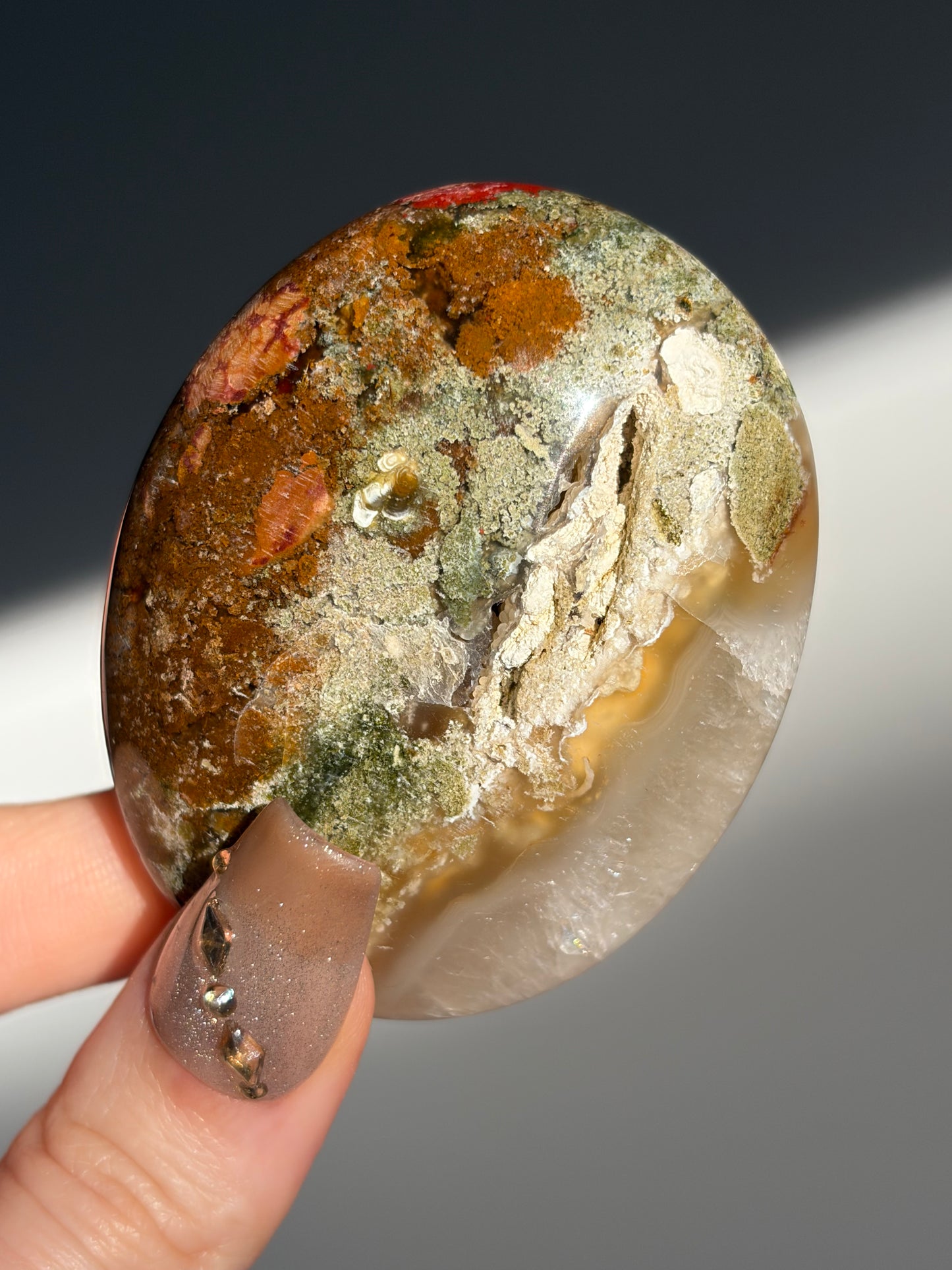 Nebula Agate Palmstone with Red Moss Inclusions L