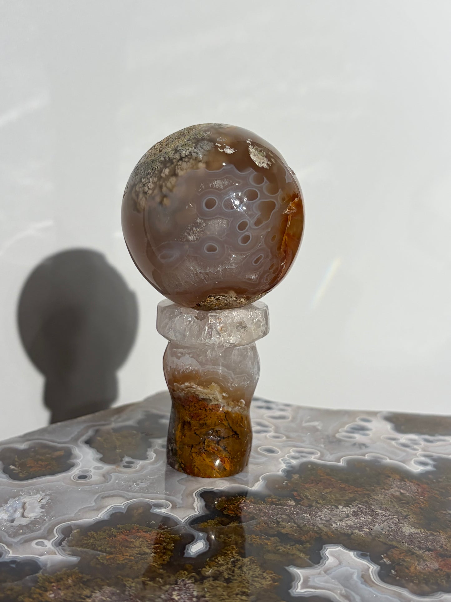 “The Sun Within” Druzy Honey World Nebula Agate Sphere with Carnelian on a Custom Stand