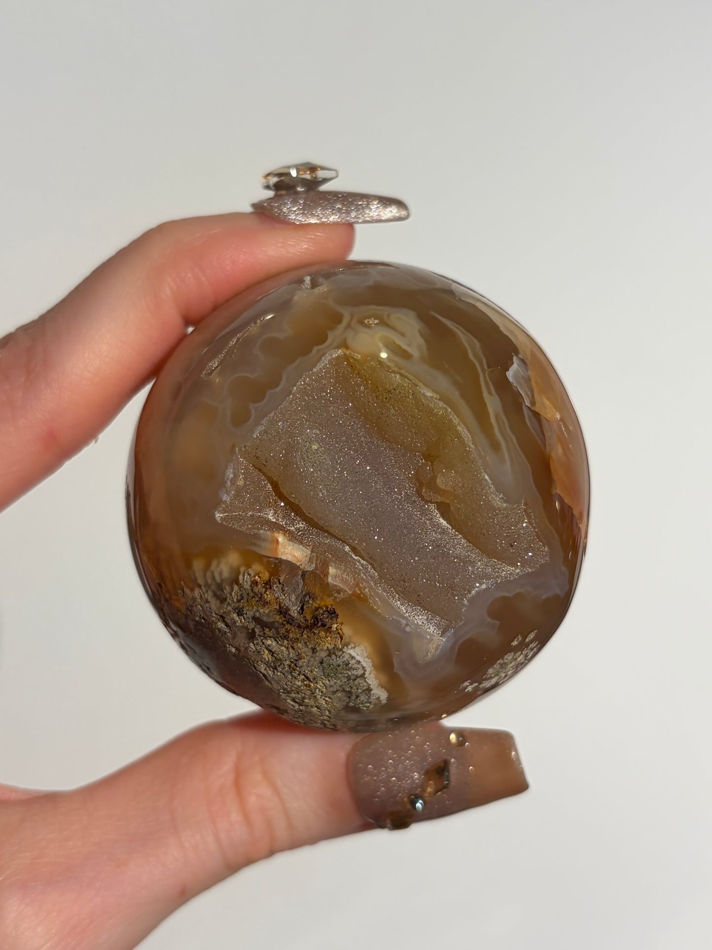 “The Sun Within” Druzy Honey World Nebula Agate Sphere with Carnelian on a Custom Stand