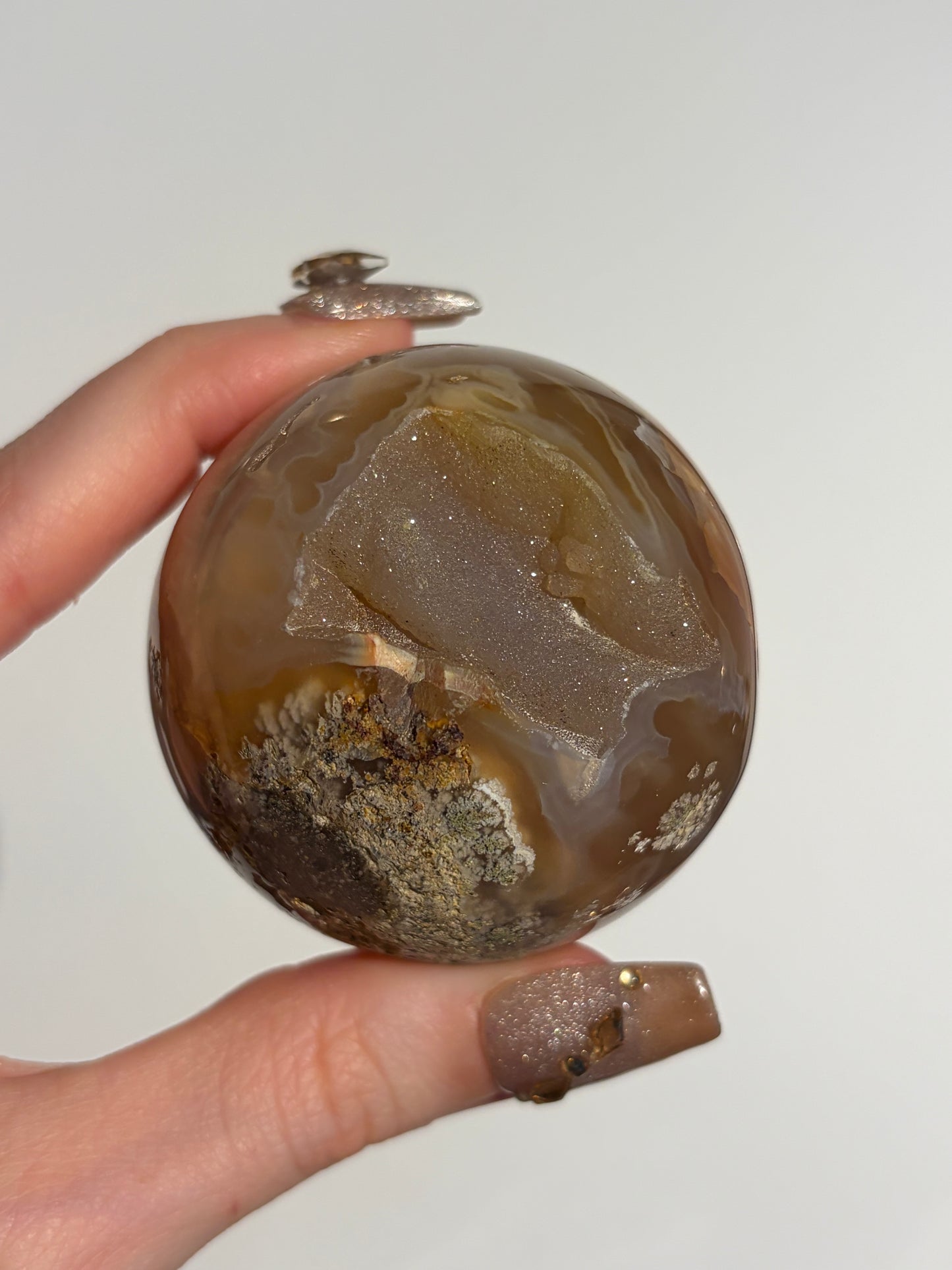 “The Sun Within” Druzy Honey World Nebula Agate Sphere with Carnelian on a Custom Stand