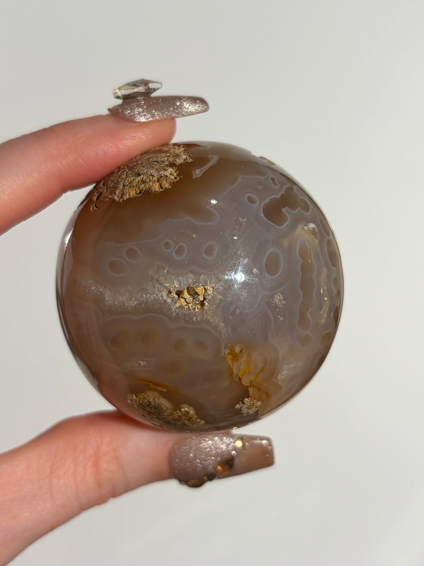 “The Sun Within” Druzy Honey World Nebula Agate Sphere with Carnelian on a Custom Stand