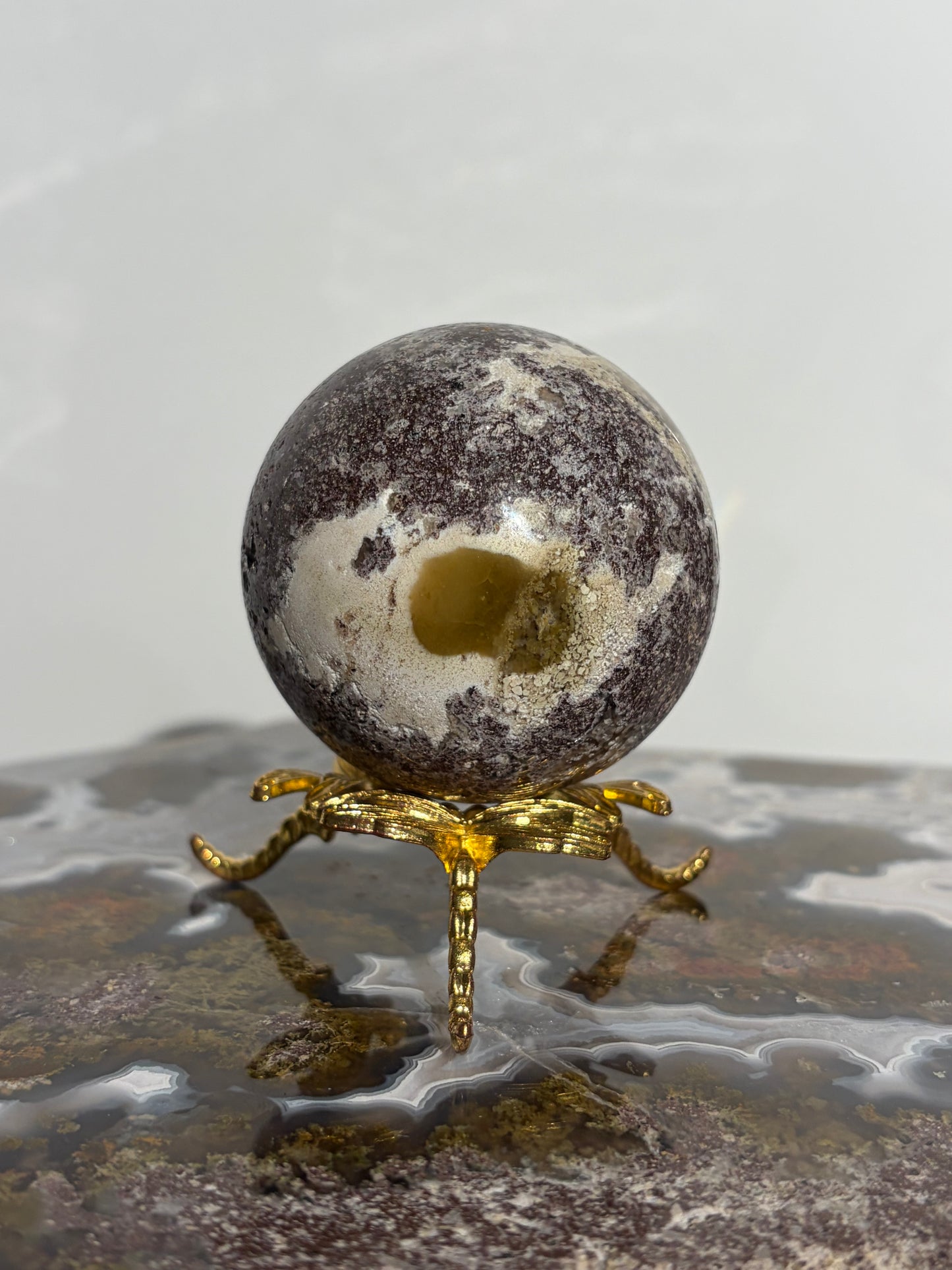 “Crimson Veils” Nebula Agate Sphere with Red Moss B