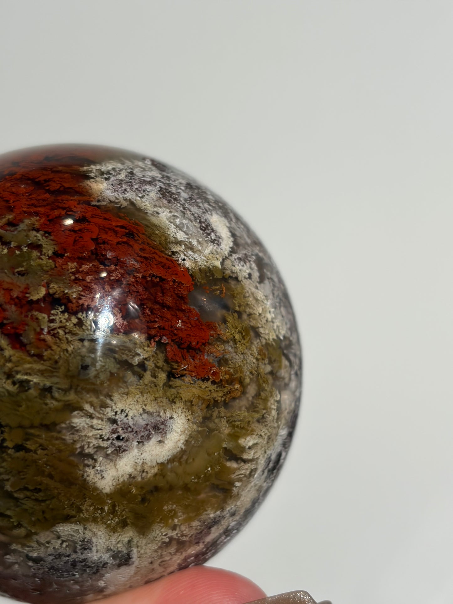 “Crimson Veils” Nebula Agate Sphere with Red Moss B