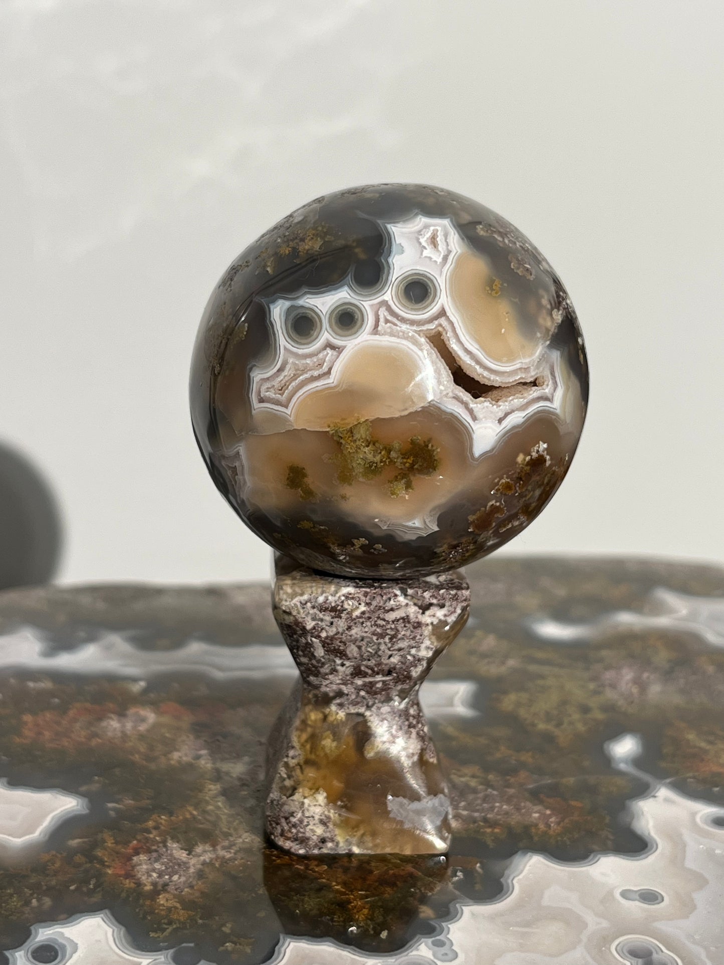 “Solar Trio” Orbicular Nebula Agate Sphere with Custom Stand B (Mined 2024)