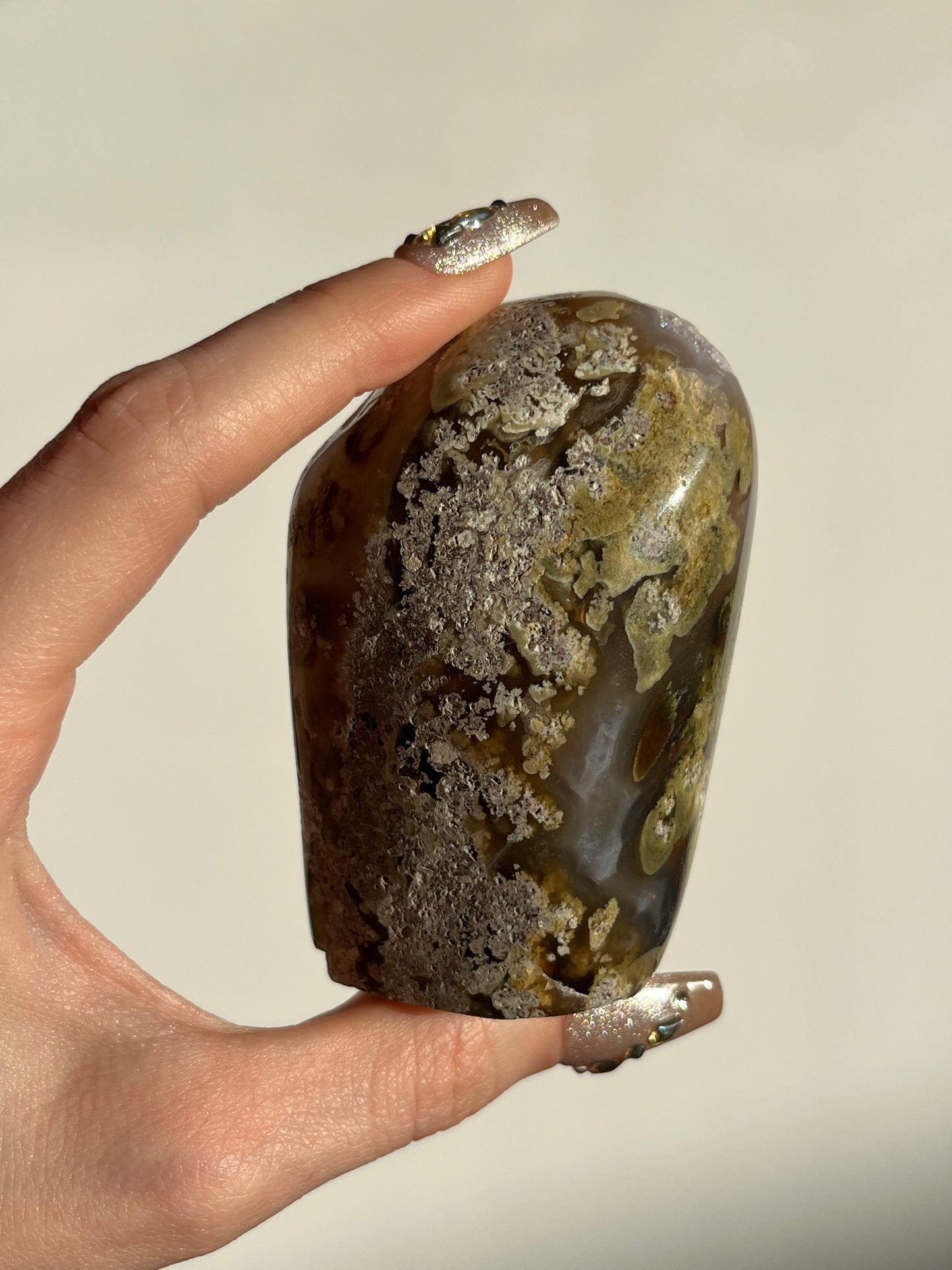 ‘Amazon’ Nebula Agate and Scenic Moss with Purple Chalcedony Standing Freeform