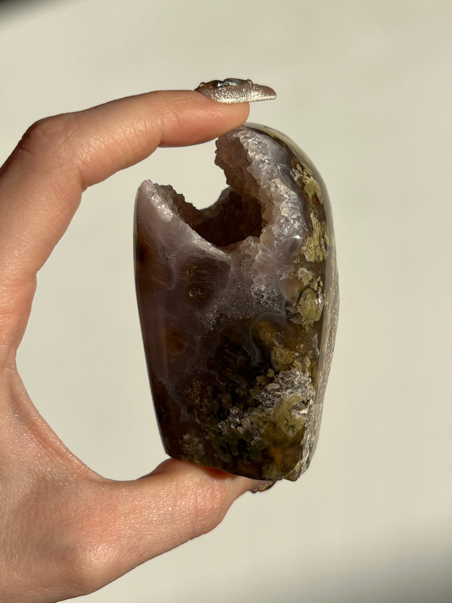 ‘Amazon’ Nebula Agate and Scenic Moss with Purple Chalcedony Standing Freeform