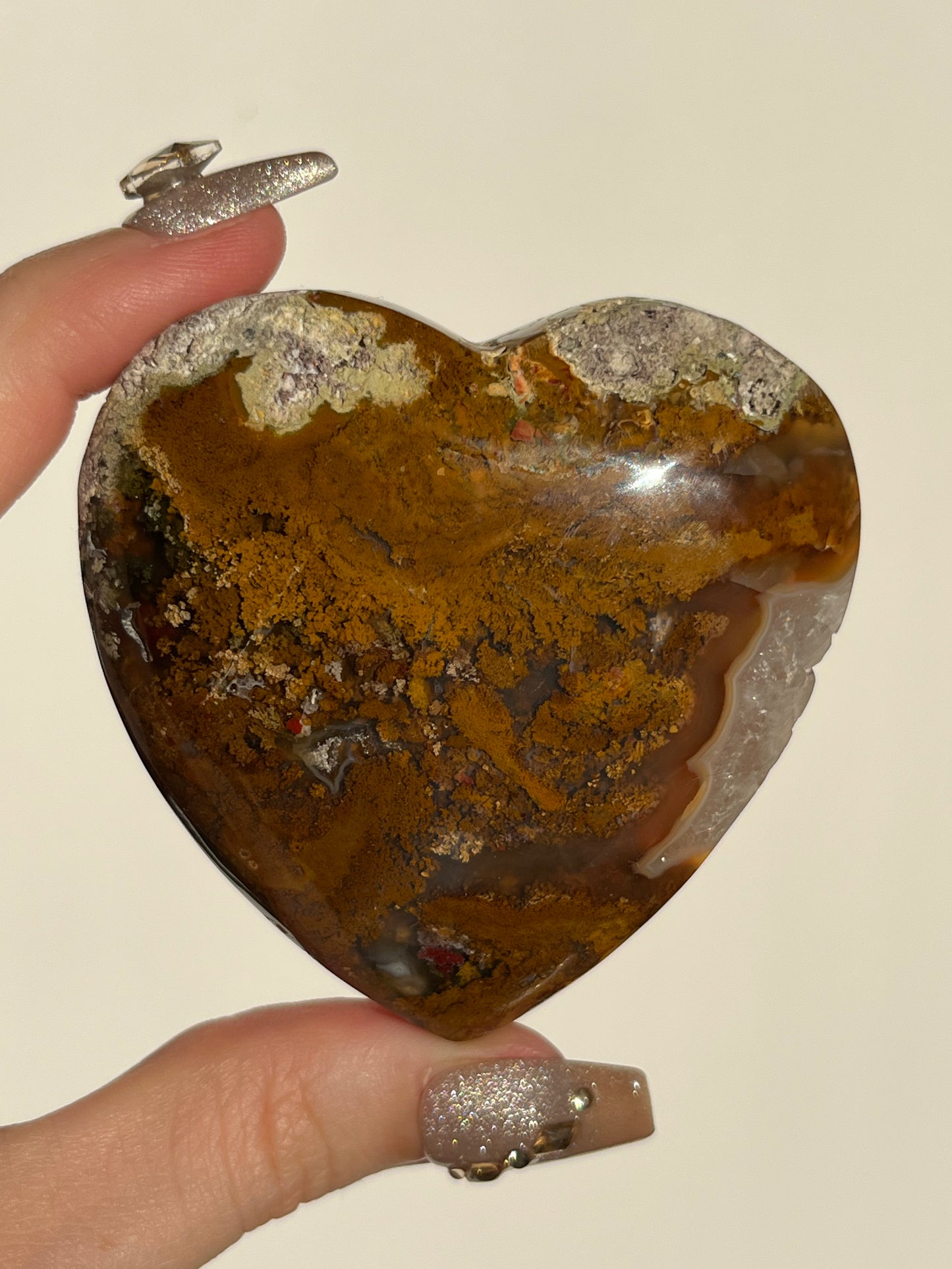 Nebula Agate Heart with Red Moss Inclusions and Quartz D