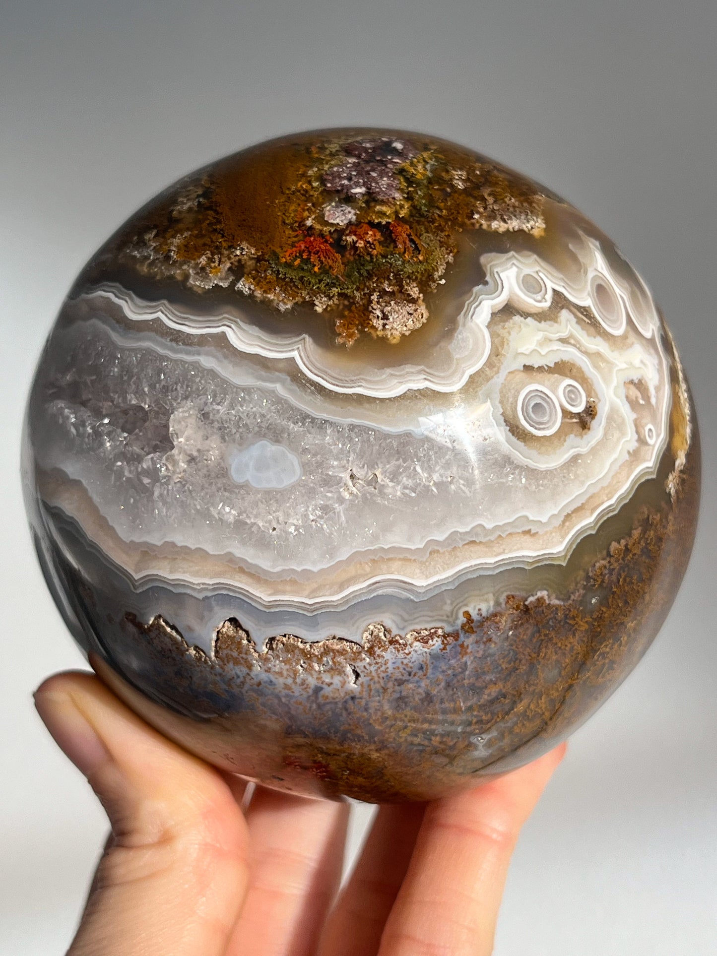 Orbicular Nebula Agate and Scenic Moss w/ Dendritic Sphere & Custom Sphere Stand #A