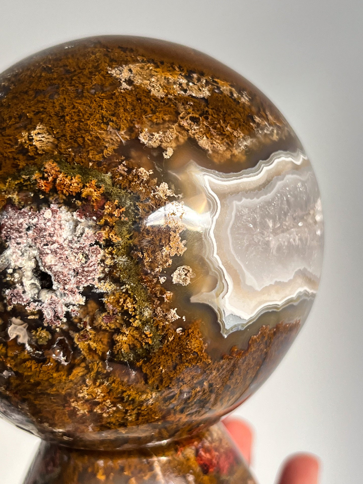 Orbicular Nebula Agate and Scenic Moss w/ Dendritic Sphere & Custom Sphere Stand #A