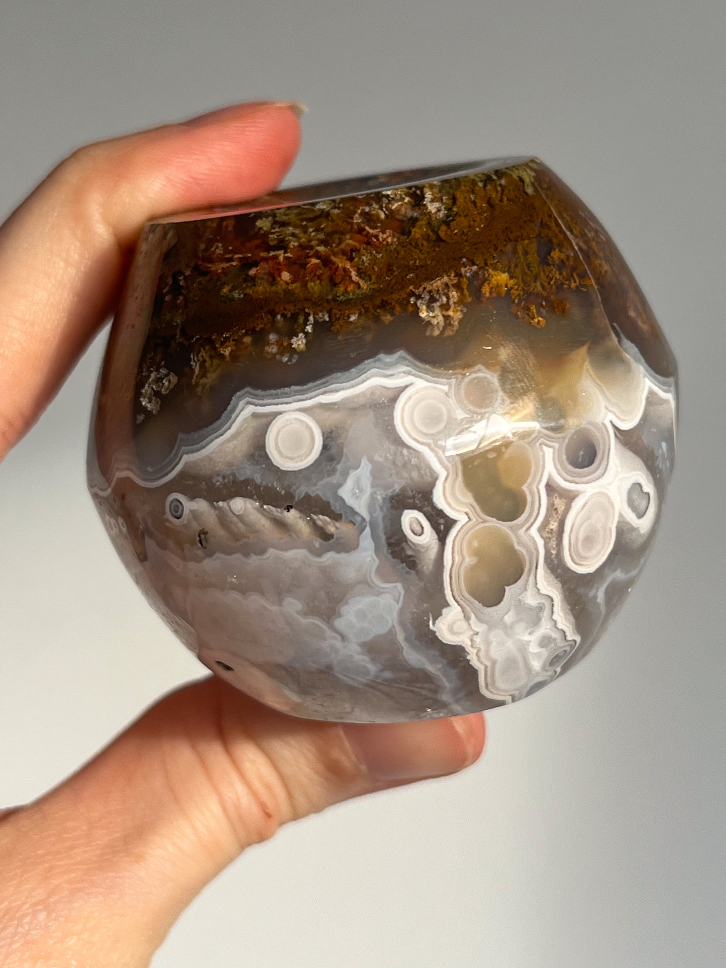 Orbicular Nebula Agate and Scenic Moss w/ Dendritic Sphere & Custom Sphere Stand #A