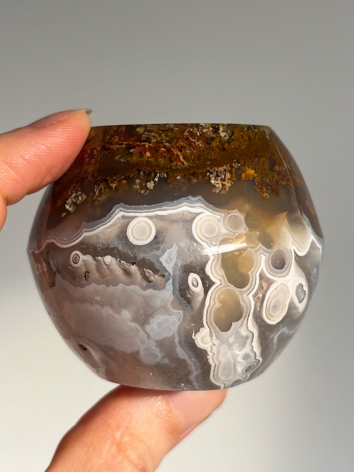 Orbicular Nebula Agate and Scenic Moss w/ Dendritic Sphere & Custom Sphere Stand #A