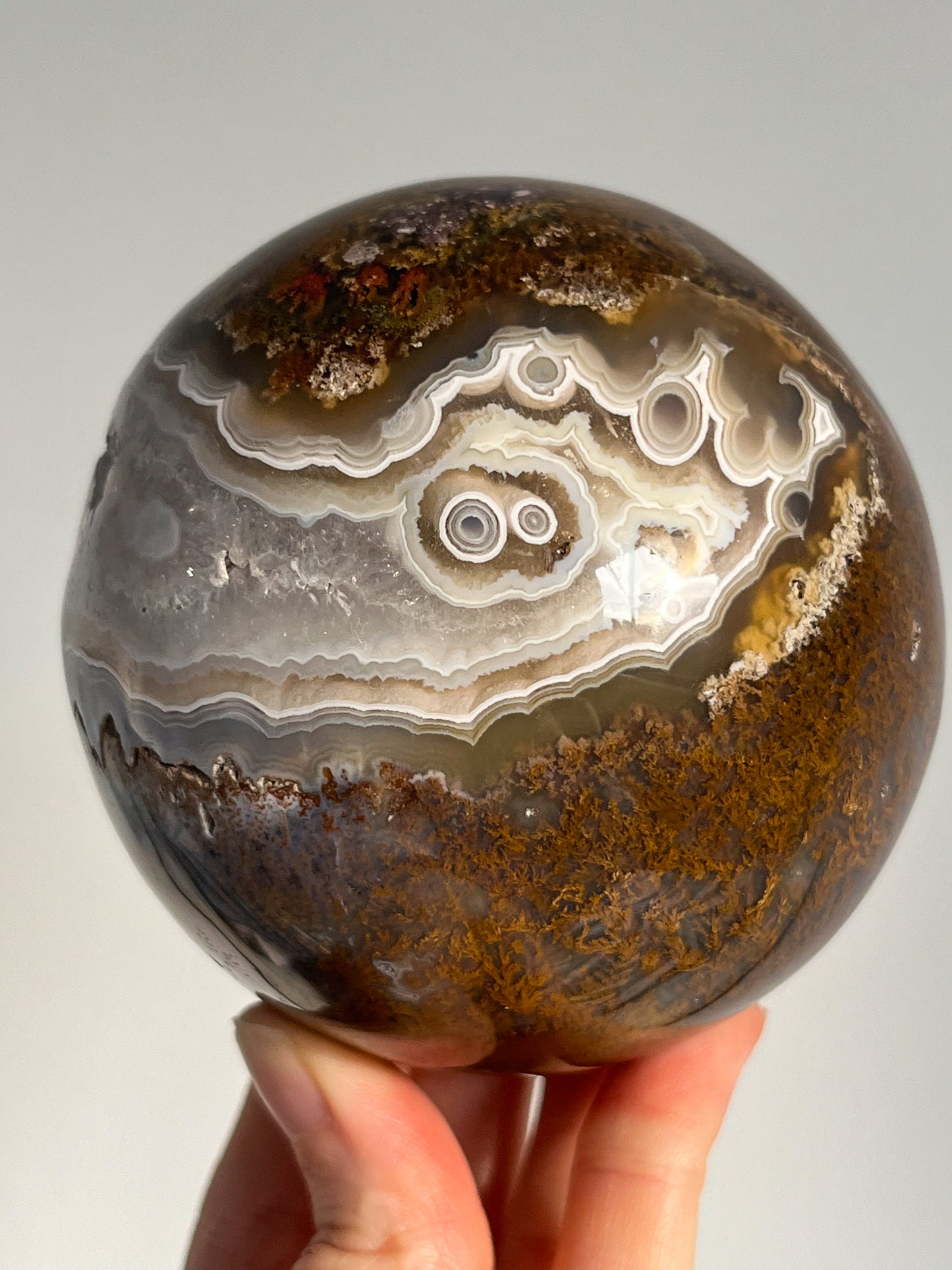 Orbicular Nebula Agate and Scenic Moss w/ Dendritic Sphere & Custom Sphere Stand #A