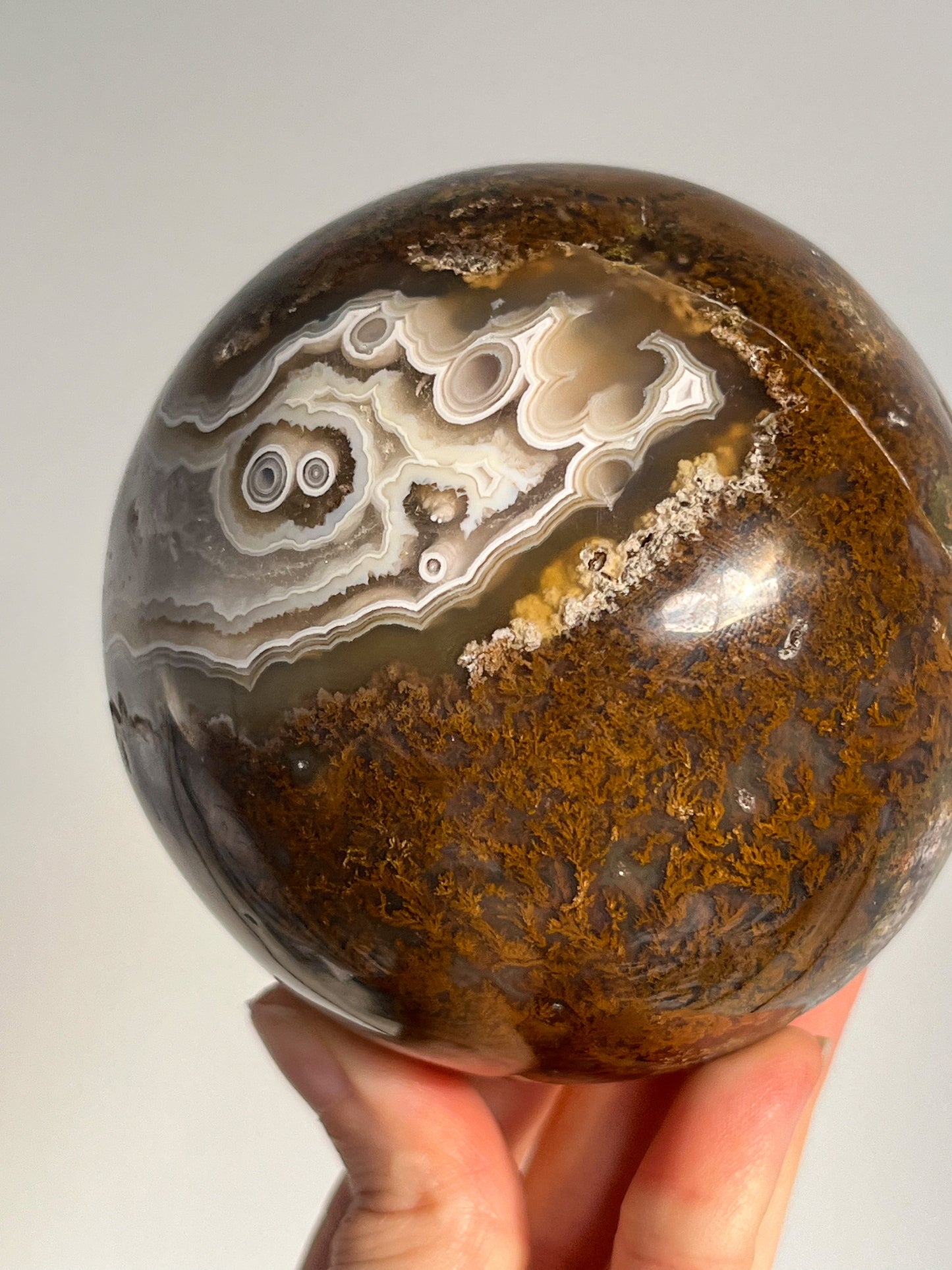 Orbicular Nebula Agate and Scenic Moss w/ Dendritic Sphere & Custom Sphere Stand #A