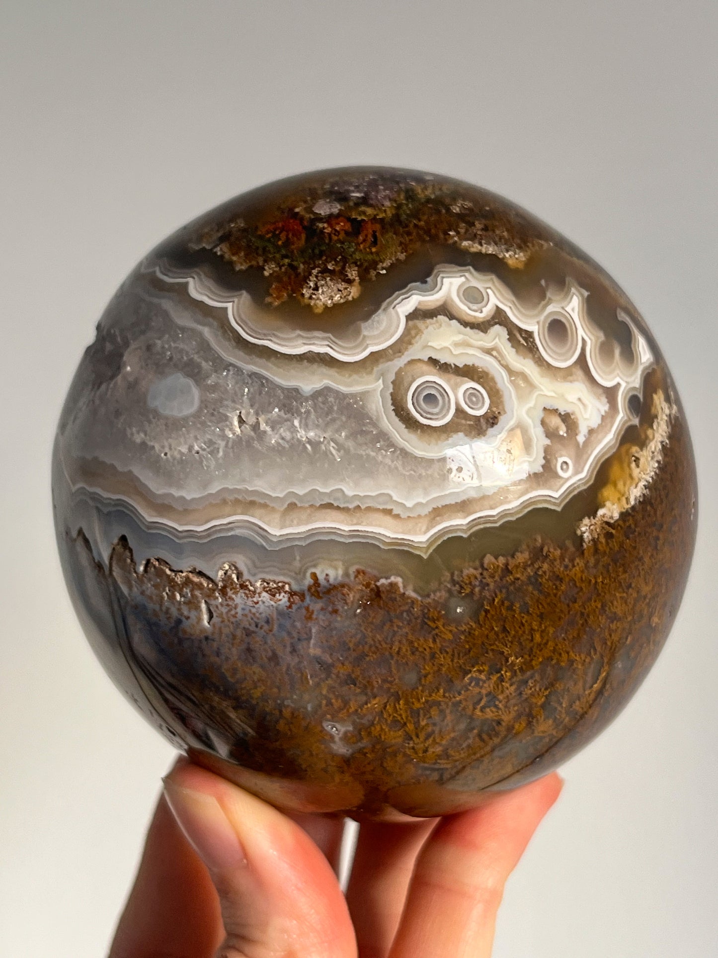 Orbicular Nebula Agate and Scenic Moss w/ Dendritic Sphere & Custom Sphere Stand #A