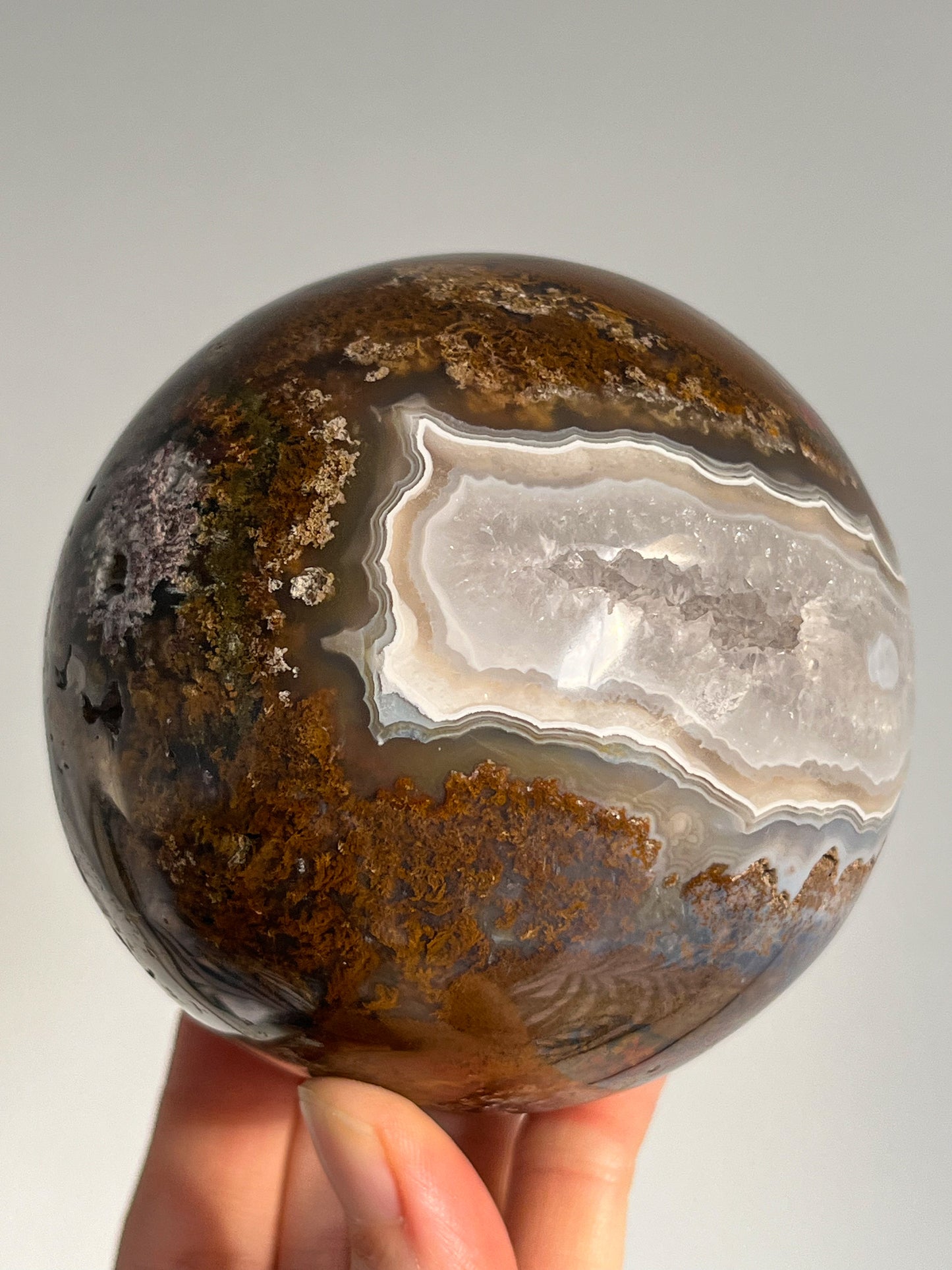 Orbicular Nebula Agate and Scenic Moss w/ Dendritic Sphere & Custom Sphere Stand #A