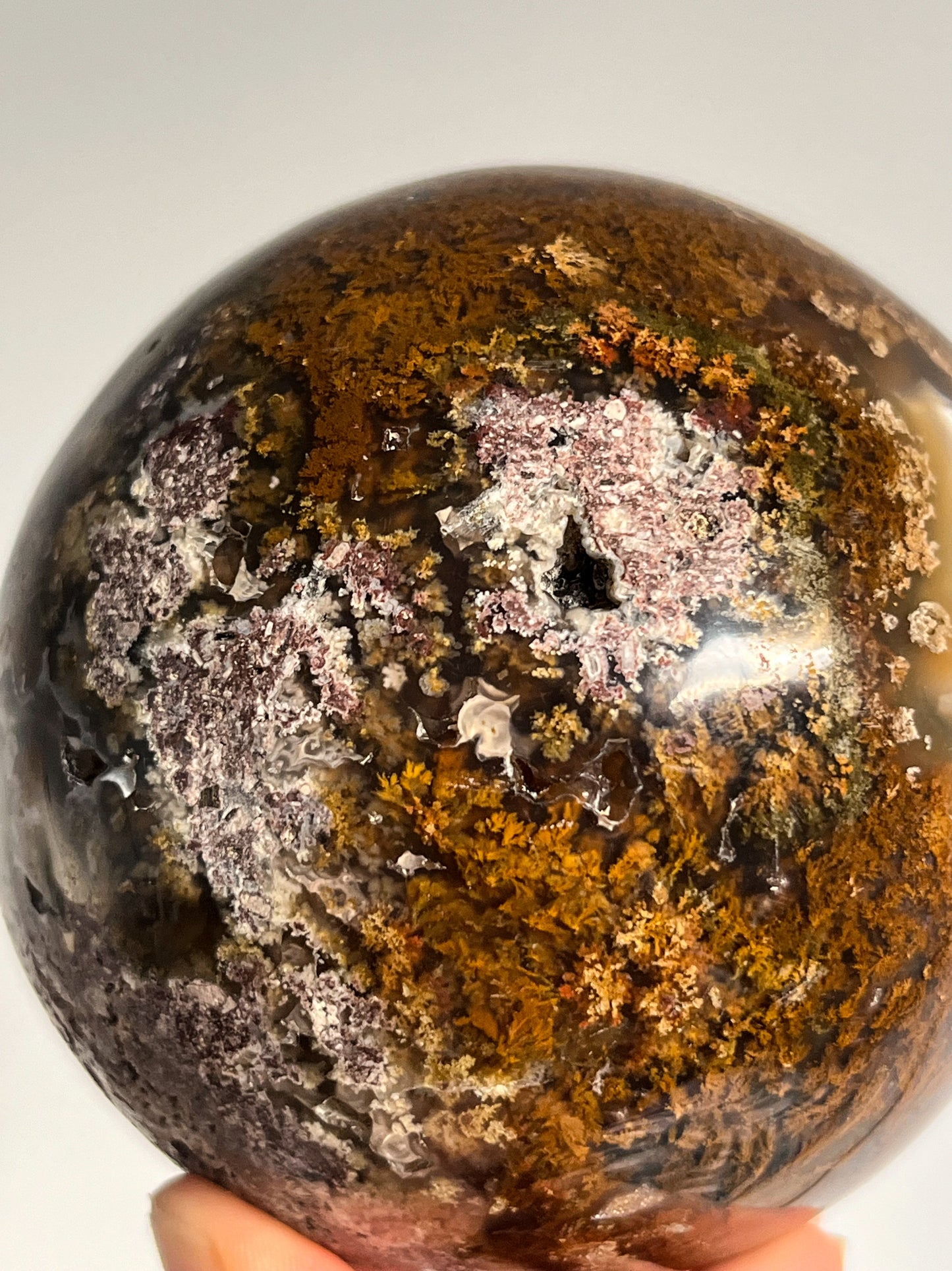 Orbicular Nebula Agate and Scenic Moss w/ Dendritic Sphere & Custom Sphere Stand #A