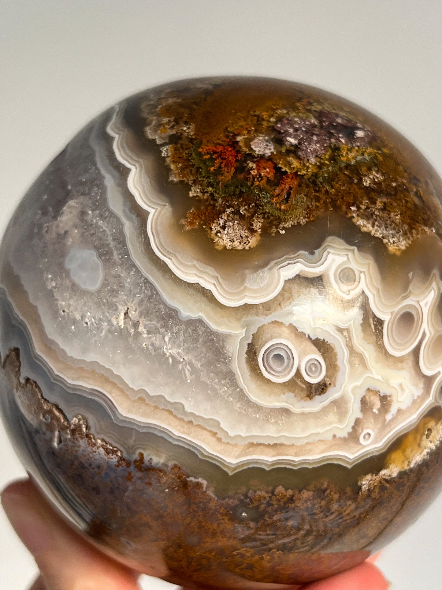 Orbicular Nebula Agate and Scenic Moss w/ Dendritic Sphere & Custom Sphere Stand #A