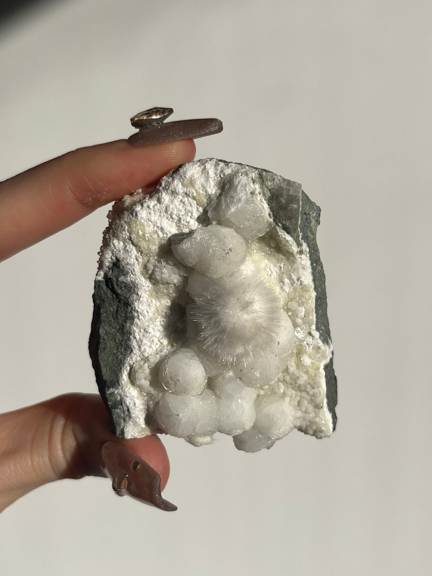 Okenite with Gyrolite on Basalt Specimen A