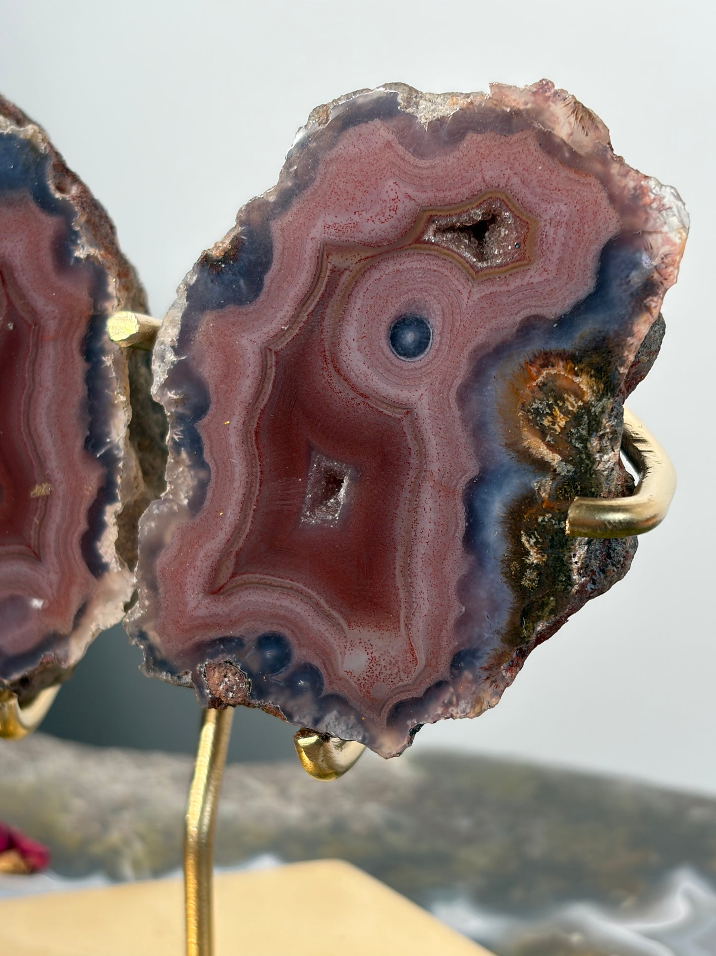 "Velour Sisters" Pink & Purple Banded Laguna Agate Pair on Custom Display Stand