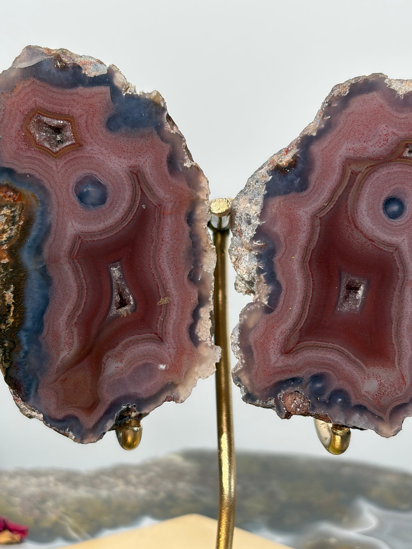 "Velour Sisters" Pink & Purple Banded Laguna Agate Pair on Custom Display Stand