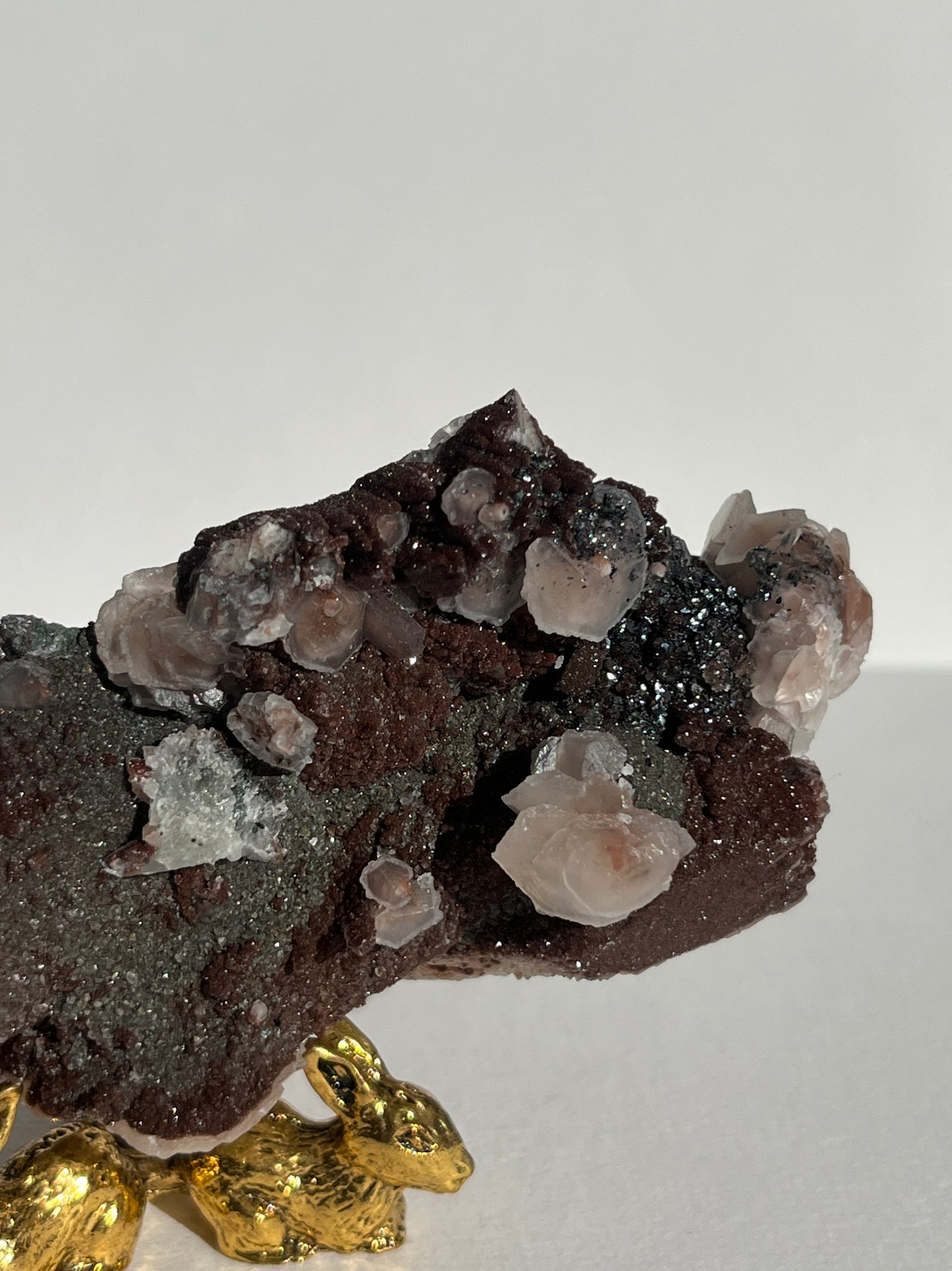 Twilight Plum Sakura Blossom Calcite on Druzy Coated Quartz Specimen C