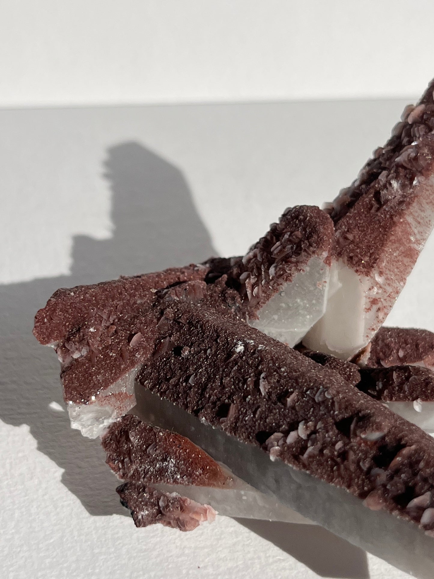 Pink Sakura Blossom Calcite on Dusty Red Coated Quartz Specimen D