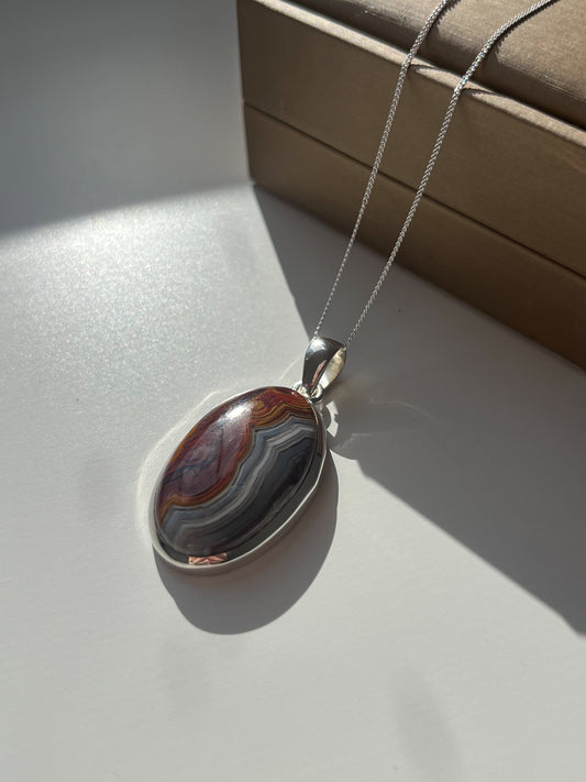 Laguna Lace Agate 925 Sterling Silver Pendant with Parallax Effect & Necklace B