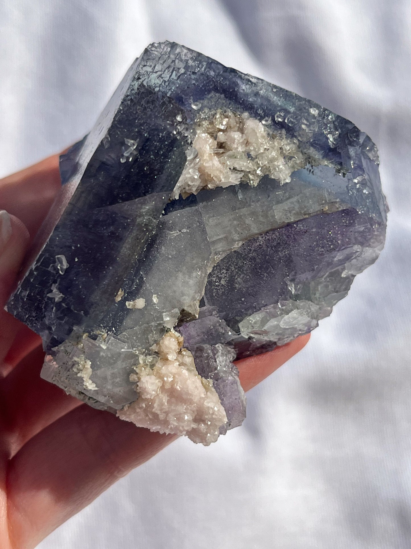 Stepped Blue-Purple Phantom Yaogangxian Fluorite Specimen w/ Pink Rose Calcite Inclusions #2