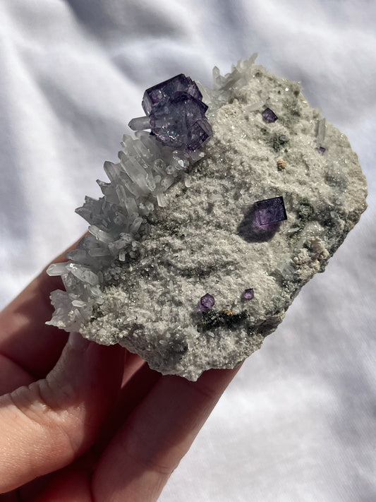 Purple Yaogangxian Fluorite with Quartz & Pyrite Specimen #5