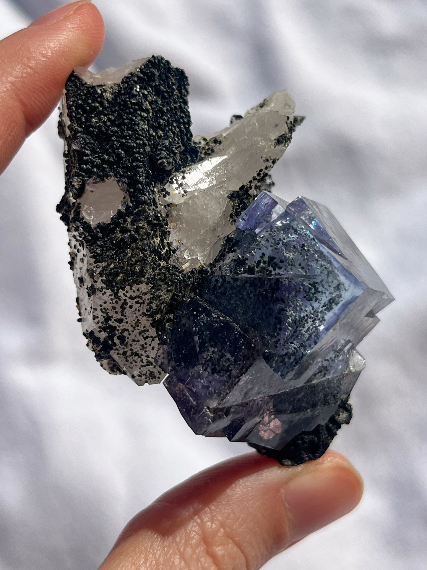 One-off Rare Blue & Purple Phantom Yaogangxian Fluorite Specimen with Quartz, Wulframite & Silver Rutiles #6