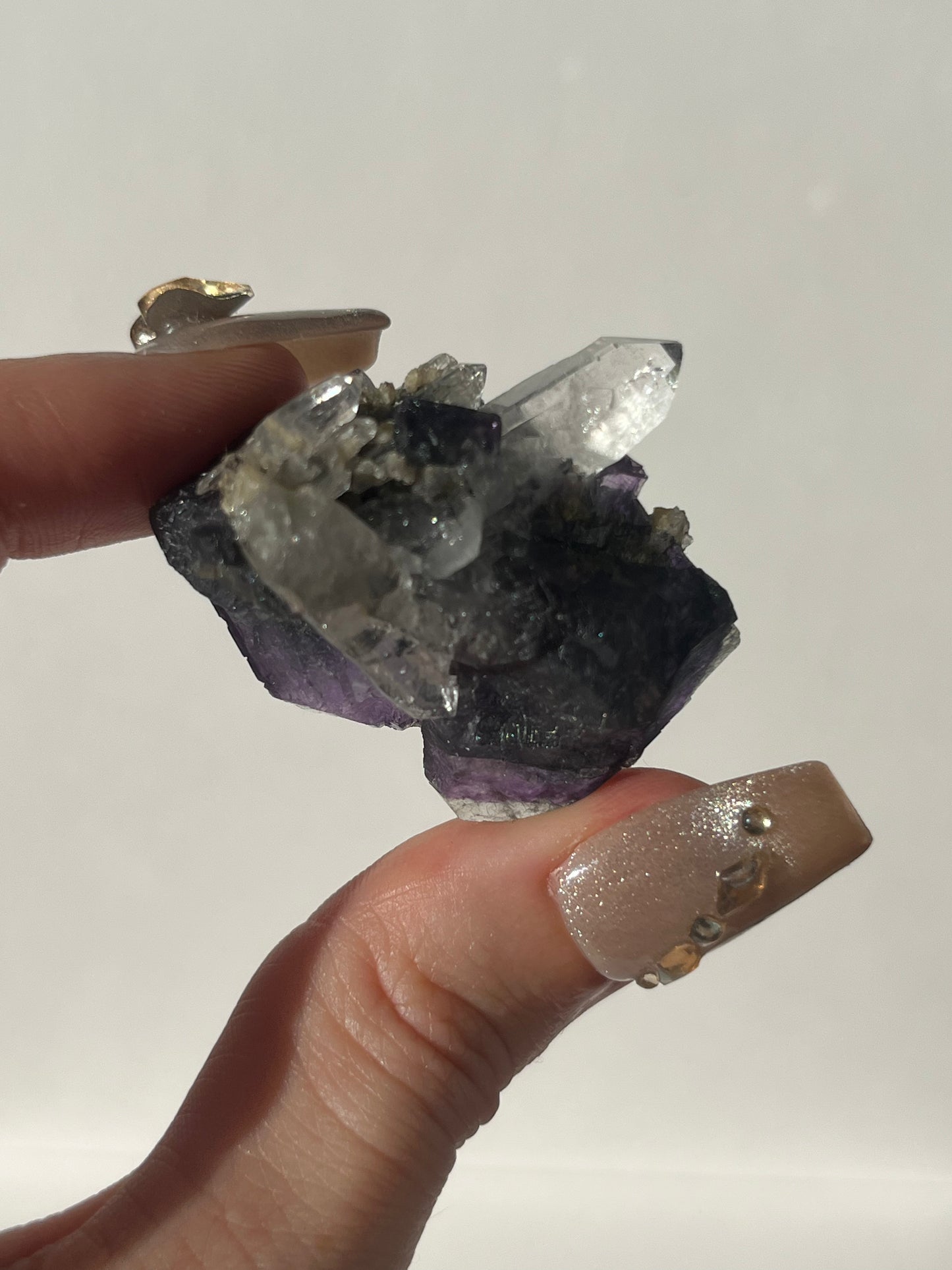 Dark Purple Yaogangxian Fluorite Specimen with Quartz and Bismuthinite Rutile Inclusions